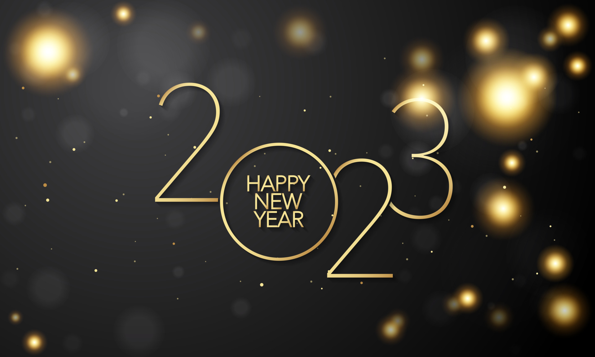 2023 Happy New Year Background Design. Golden 2023 Happy New Year Lettering on Black Background
