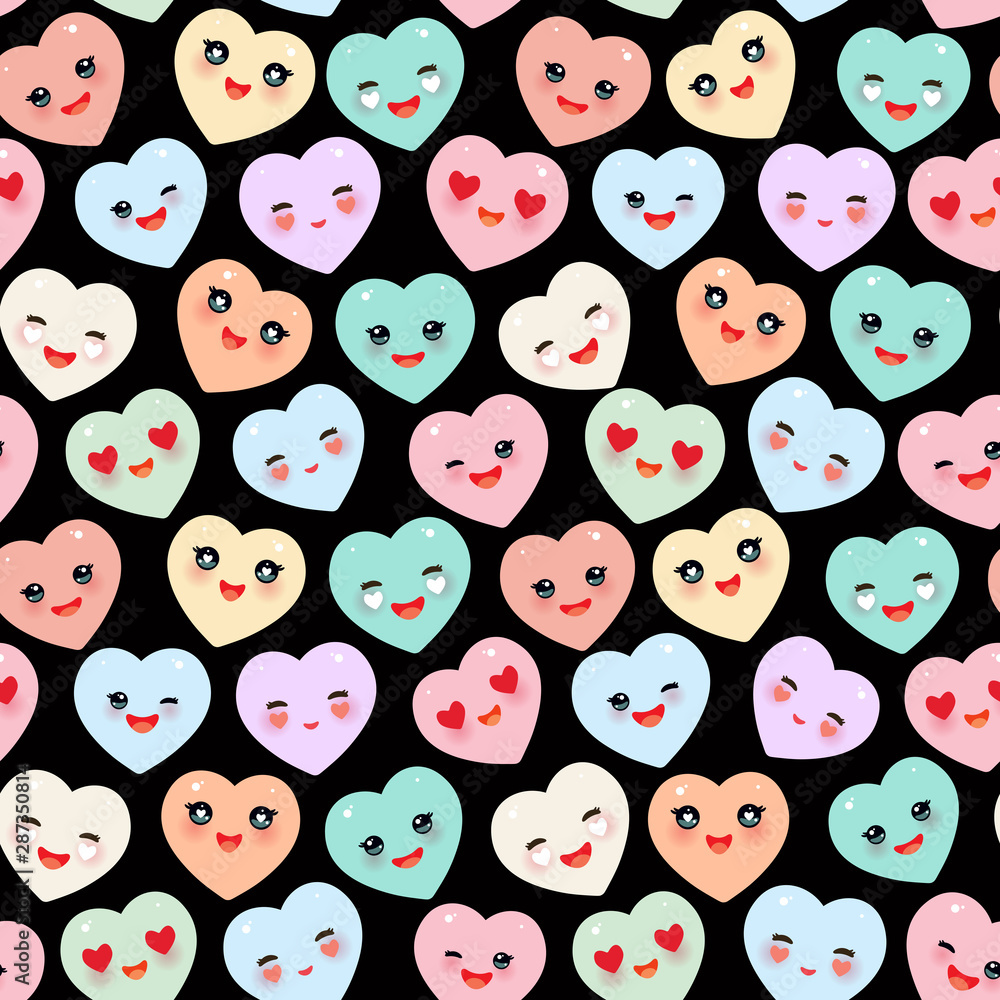 Seamless pattern Funny Kawaii heart pink, yellow, lilac, orange, green, on black background. Valentine's Day Card banner. Can be used for Gift wrap, fabrics, wallpaper. Vector Stock Vector