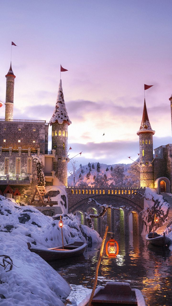 Castle, winter, fantasy, art, 720x1280 wallpaper. iPhone background art, Magical castle fantasy fairytale, Fantasy town