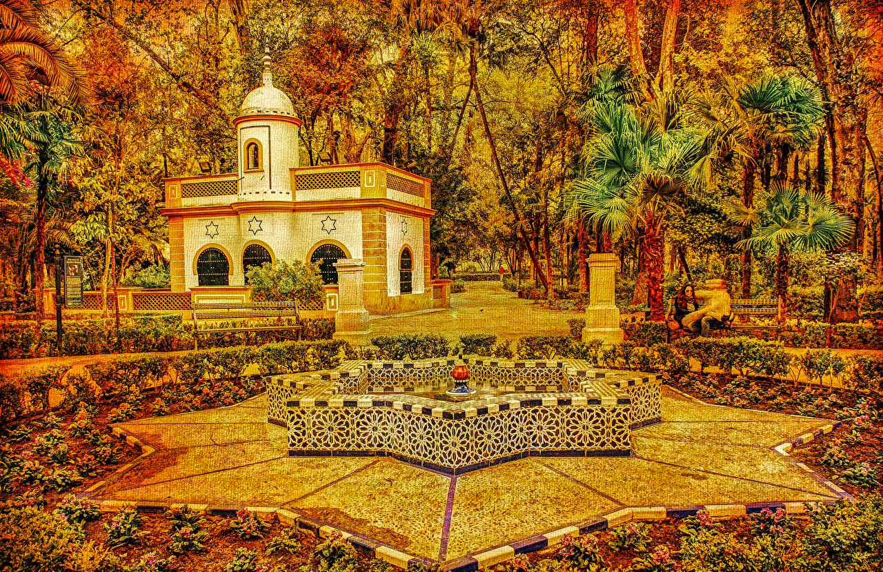 Image Spain Fountains Seville Maria Luisa Park Autumn Nature park