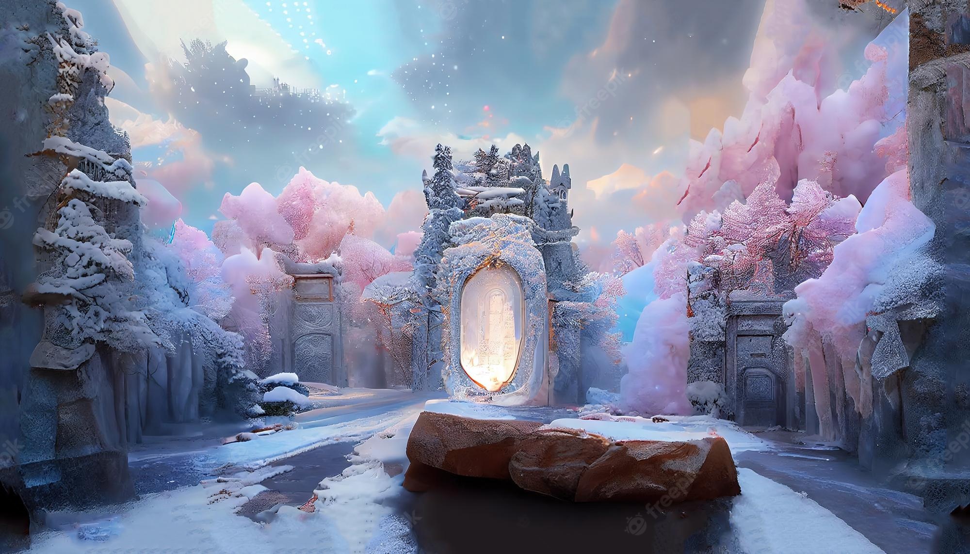 Premium Photo. Magical portal on winter landscape fairy tale background with ice crystal door mirror or gate with fantasy castle snowy landscape with glowing entrance on rock under cloudy gray sky