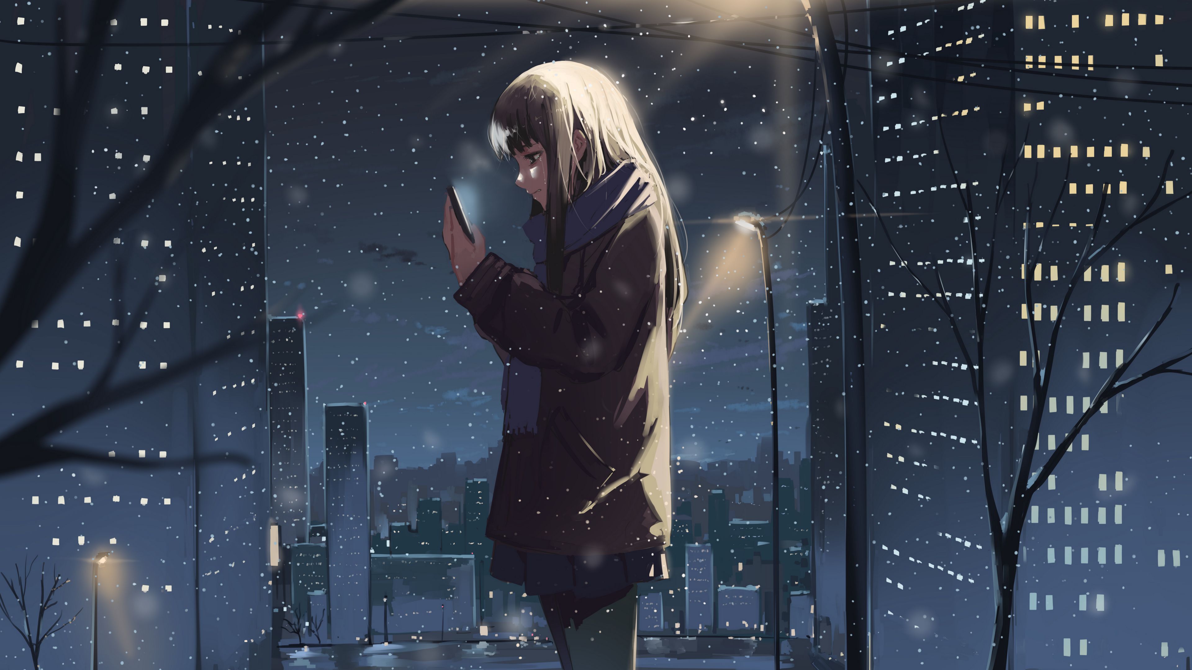 Download wallpaper 3840x2160 girl, phone, snow, winter, anime 4k uhd 16:9 HD background