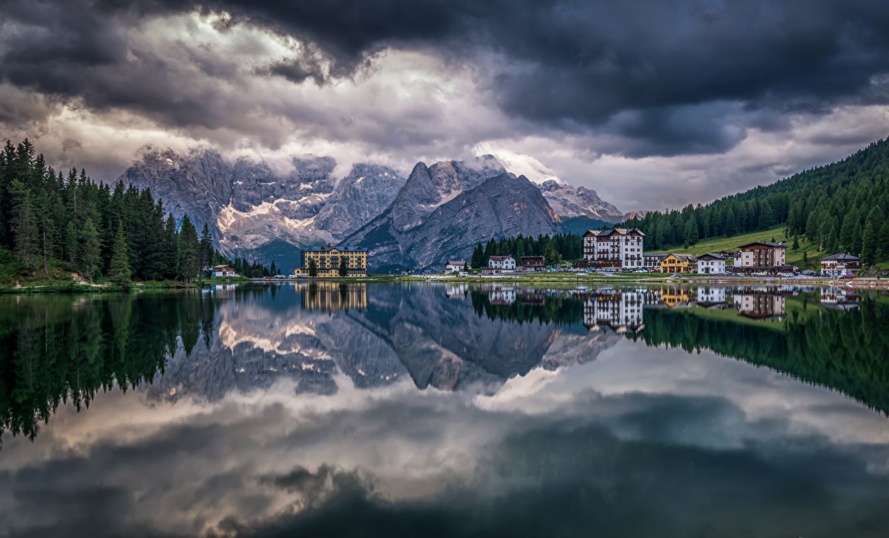 Image Alps Italy Lake Misurina Nature Mountains Scenery Forests Clouds Houses Landscape photography Building. Architecture wallpaper, Forest landscape, Lake