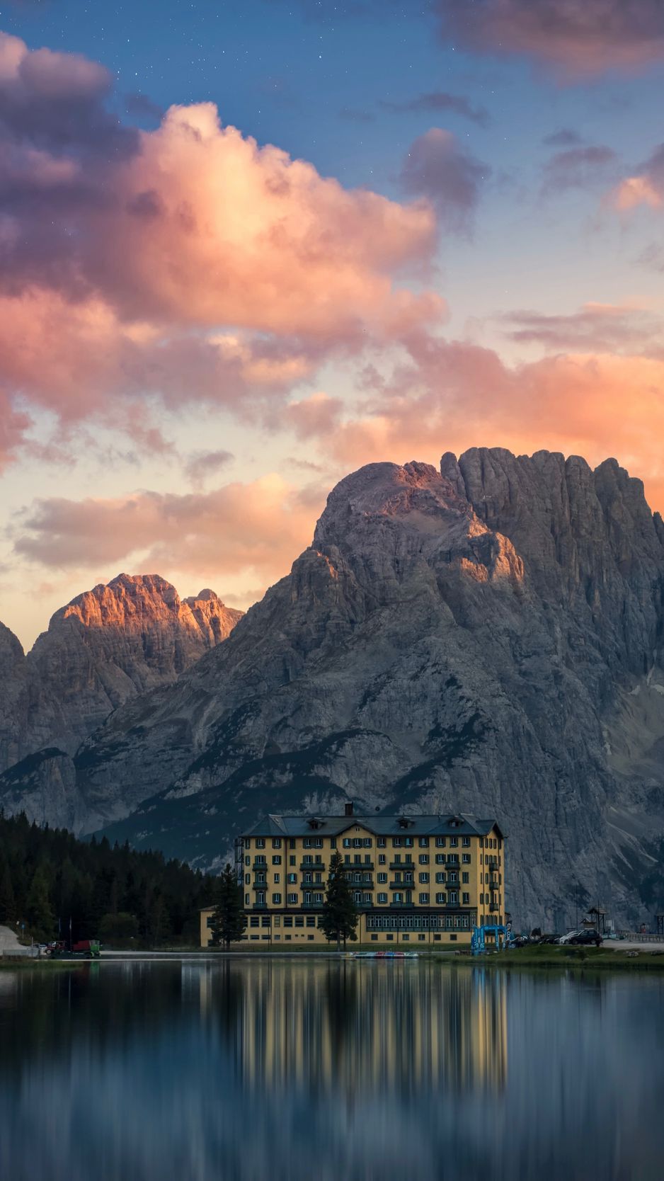 Download Wallpaper 938x1668 Lake, Mountains, House, Landscape, Misurina Lake, Misurina, Italy, Beautiful Landscape Iphone 8 7 6s 6 For Parallax HD Background