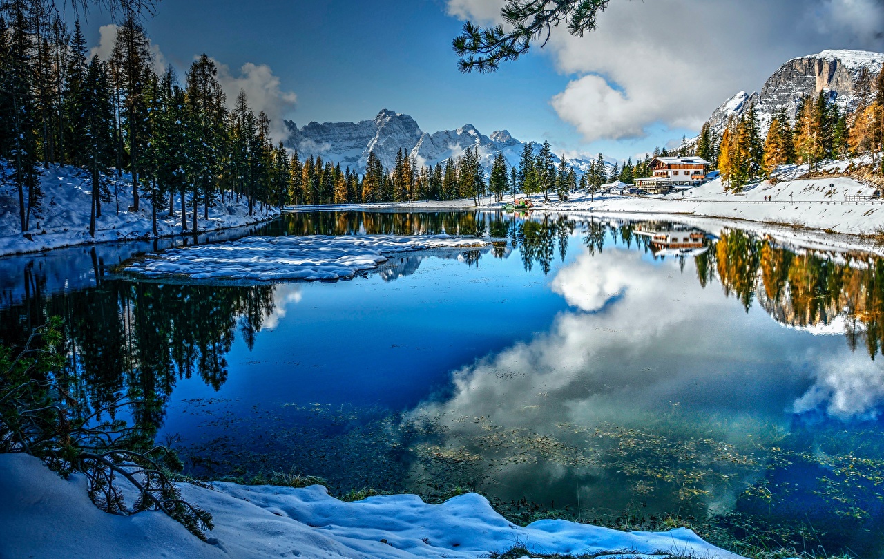 Wallpaper Alps Italy Dolomites, Lake Misurina Winter Nature mountain