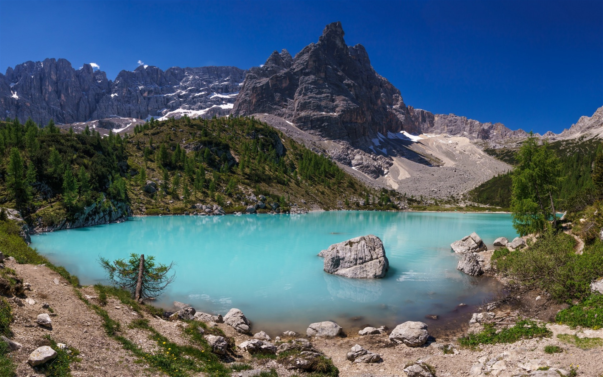 Download wallpaper Lake Misurina, mountain lake, glacial lake, Alps, mountain landscape, spring, Dolomites Alps, Veneto, Italy for desktop with resolution 1920x1200. High Quality HD picture wallpaper