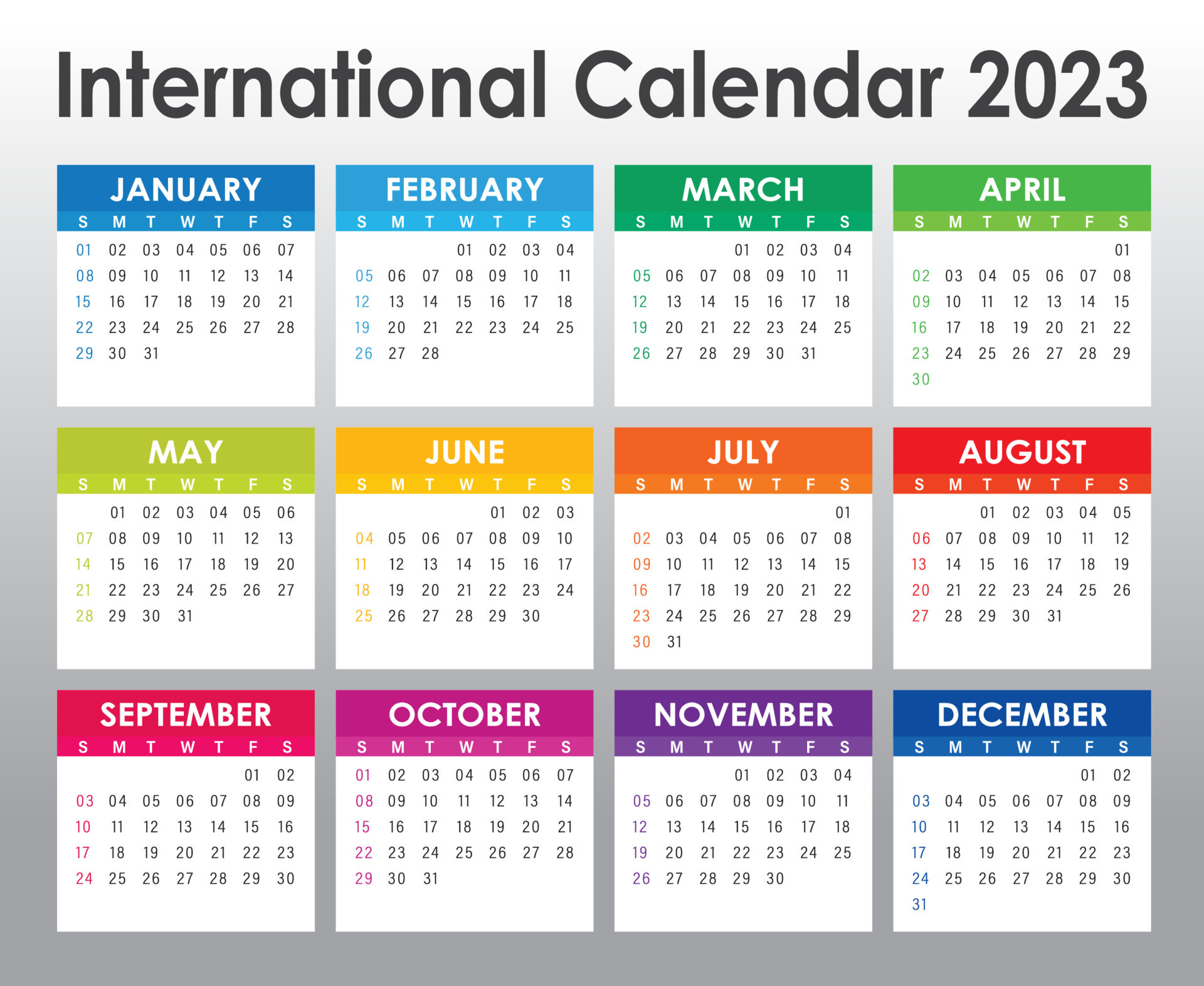 Colorful Calendar year 2023 vector design , simple and clean design. Calendar for 2023on White Background for organization and business. Week Starts Sunday. Simple Vector. EPS10