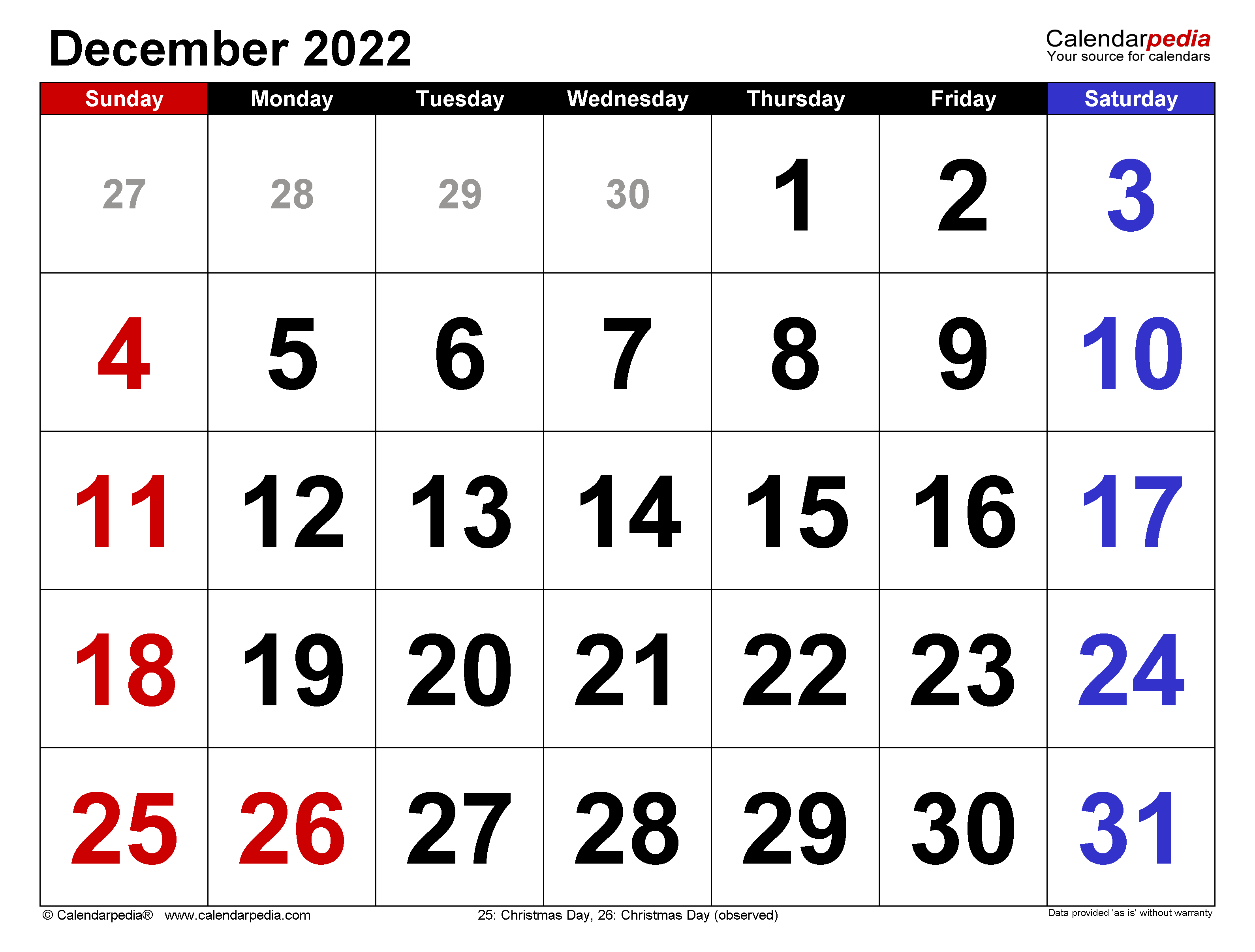 December 2022 Calendar. for Word, Excel
