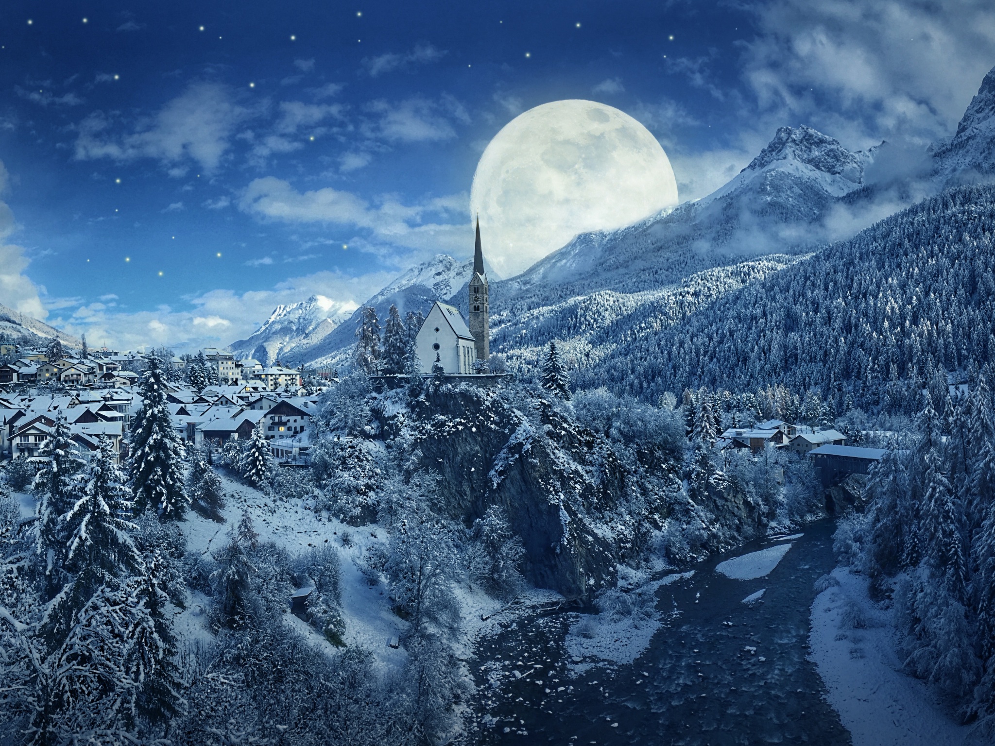 Winter Wallpaper 4K, Moon, Frozen, Forest, Village, Snowfall, 5K, Nature