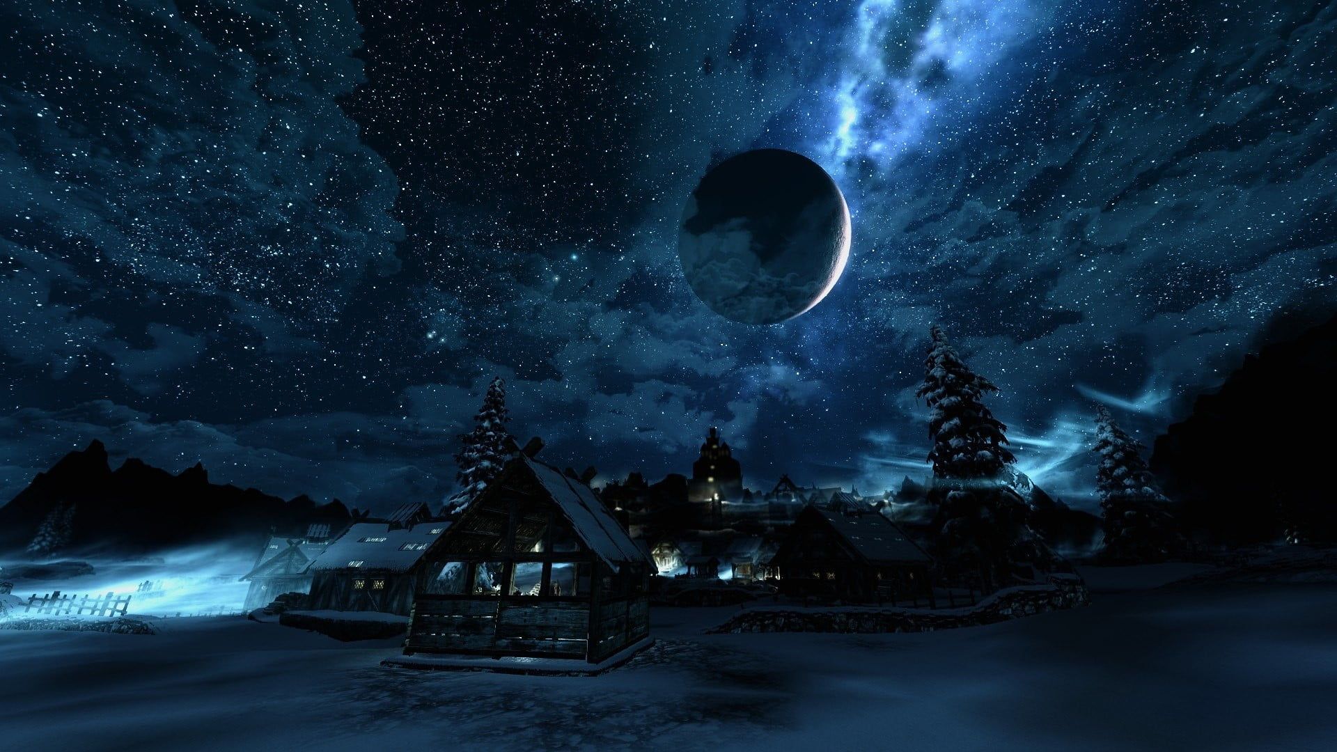 Snow Covered Village During Night Wallpaper The Elder Scrolls V: Skyrim Screen Shot P #wallpaper #hdwallpaper #deskt. Skyrim Wallpaper, Skyrim, Elder Scrolls
