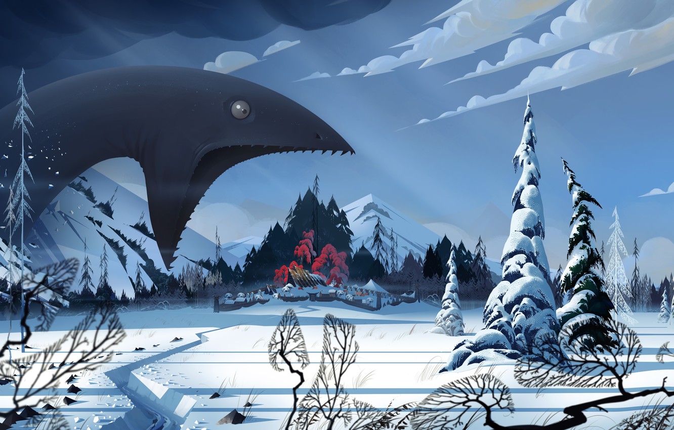 Wallpaper winter, snow, landscape, monster, village, art, The Banner Saga image for desktop, section игры