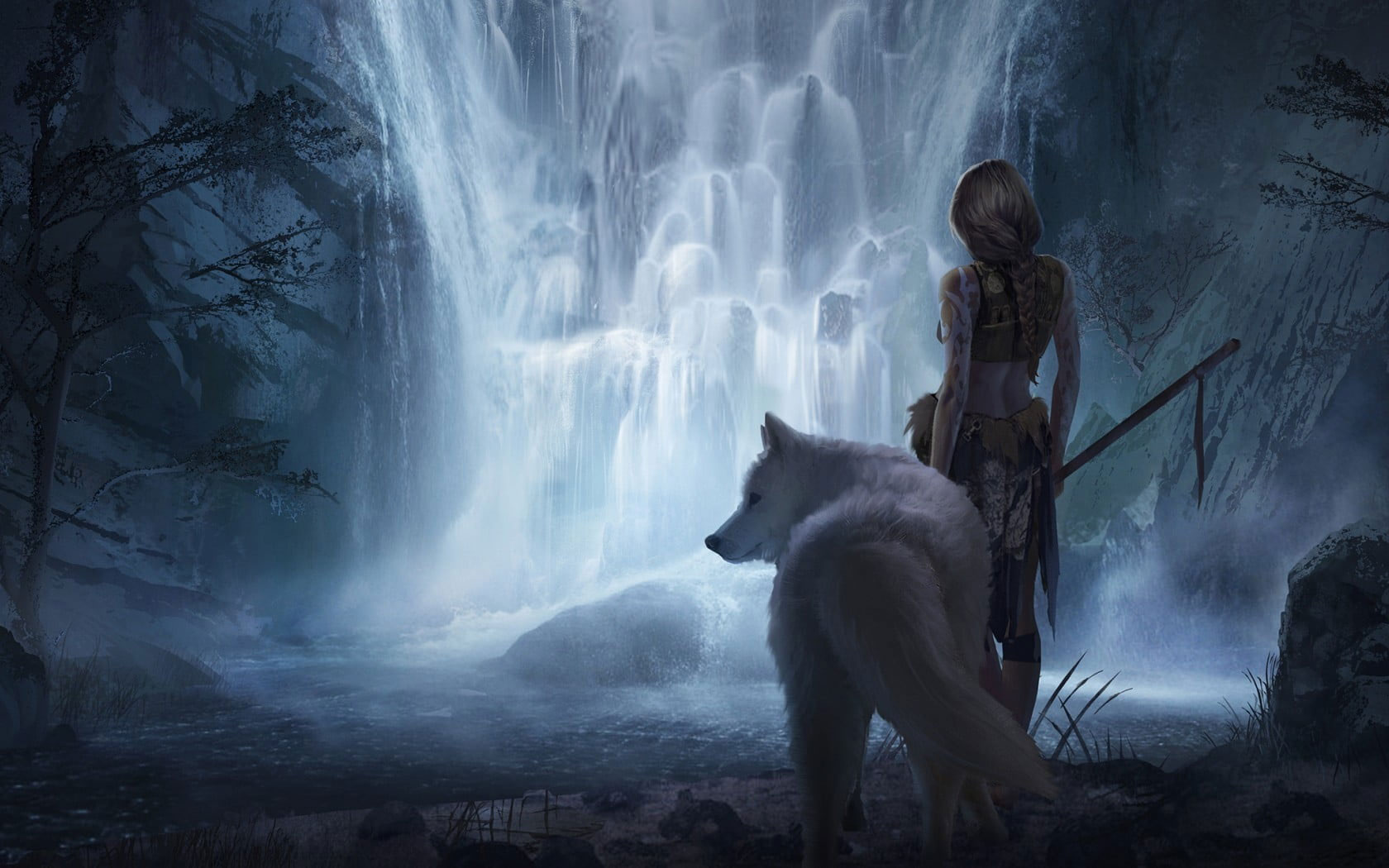 Fantasy Art Wallpaper, Women, Wolf, Mammal, Waterfall, One Person, Full Length • Wallpaper For You