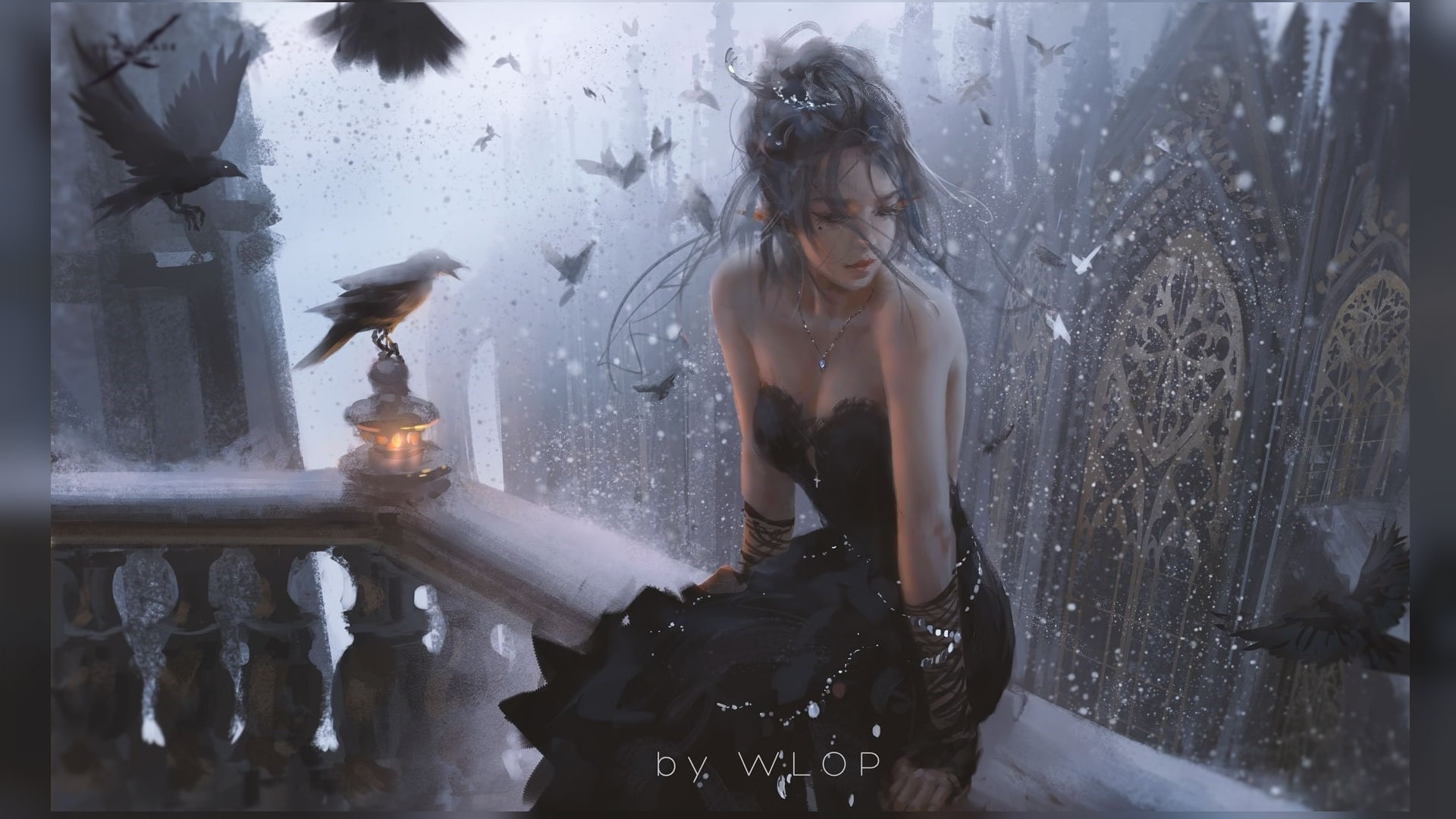 Wallpaper Fantasy Art, Women, Dress, Black Dress, City, Birds, Cleavage By Wallpaper For You