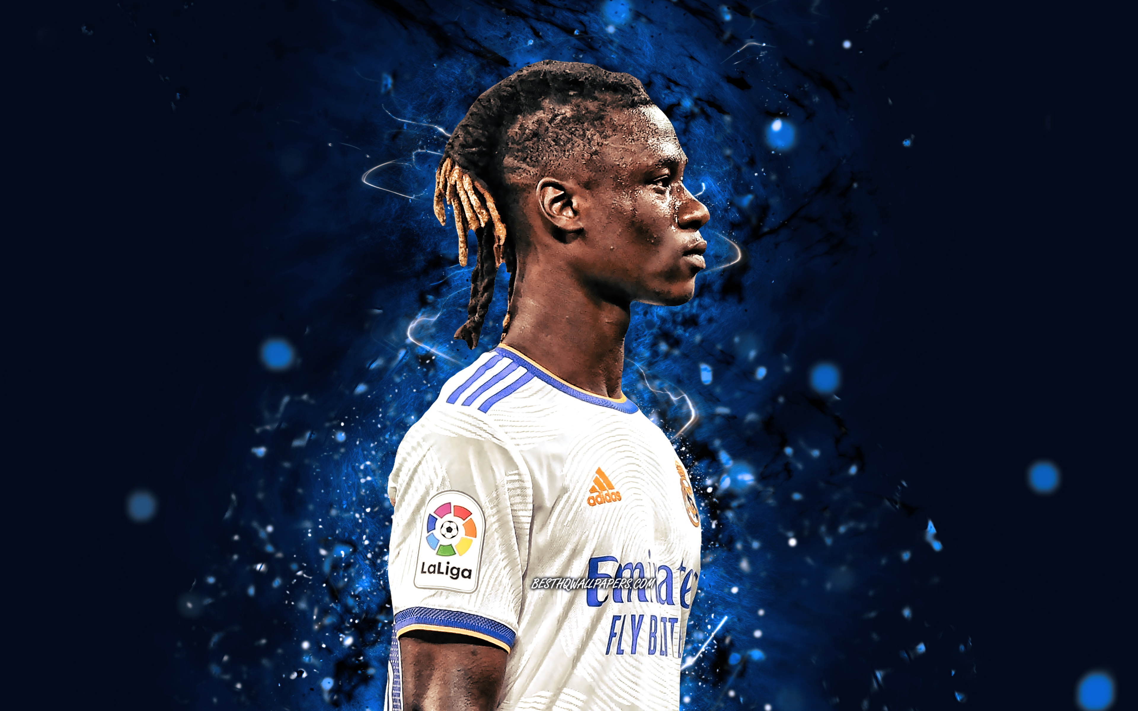 Download wallpaper Eduardo Camavinga, 4k, Real Madrid FC, french footballers, La Liga, Eduardo Celmi Camavinga, blue neon lights, soccer, football, Real Madrid CF, LaLiga, Eduardo Camavinga 4K, Eduardo Camavinga Real Madrid