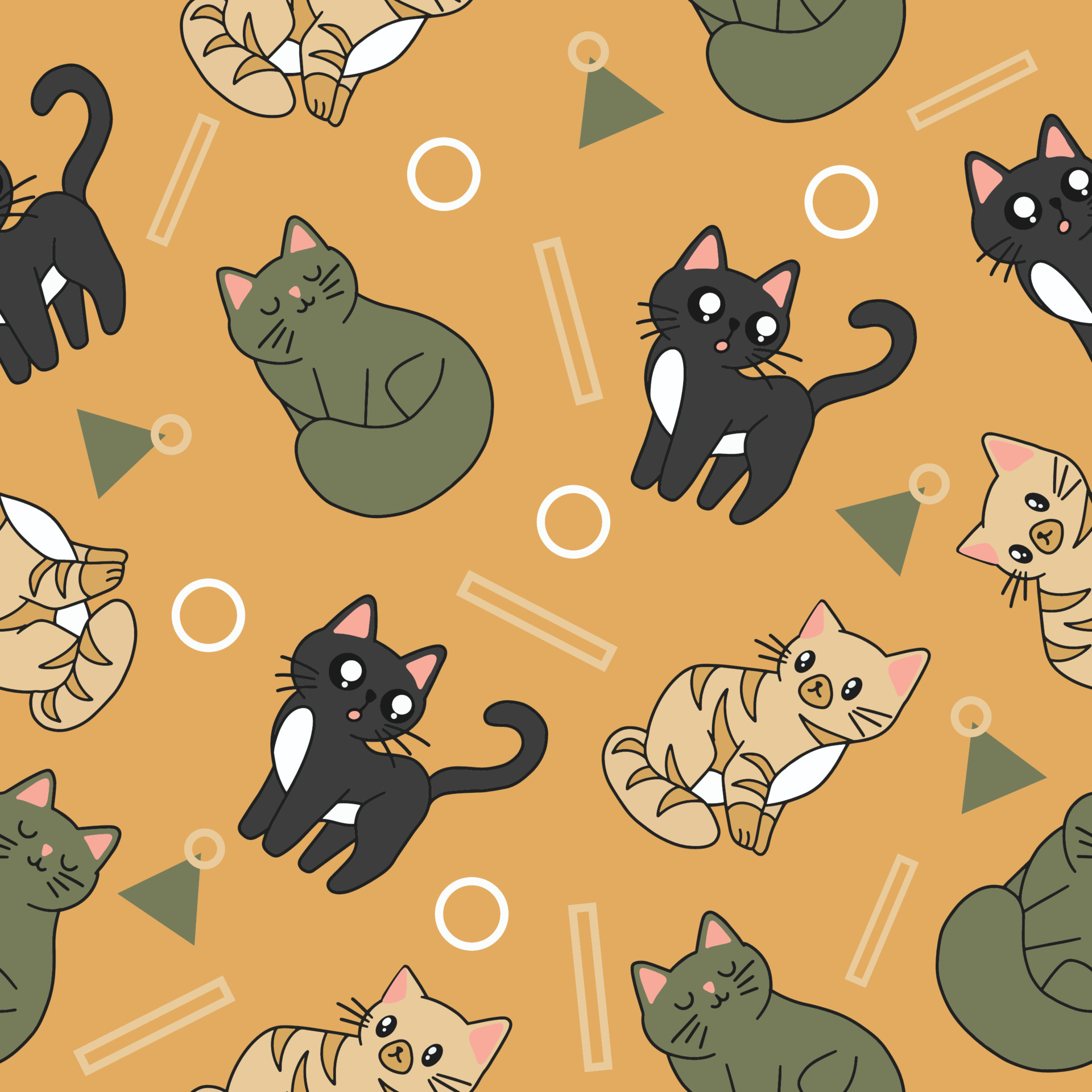 cute animal black and green cat seamless pattern wallpaper with design orange