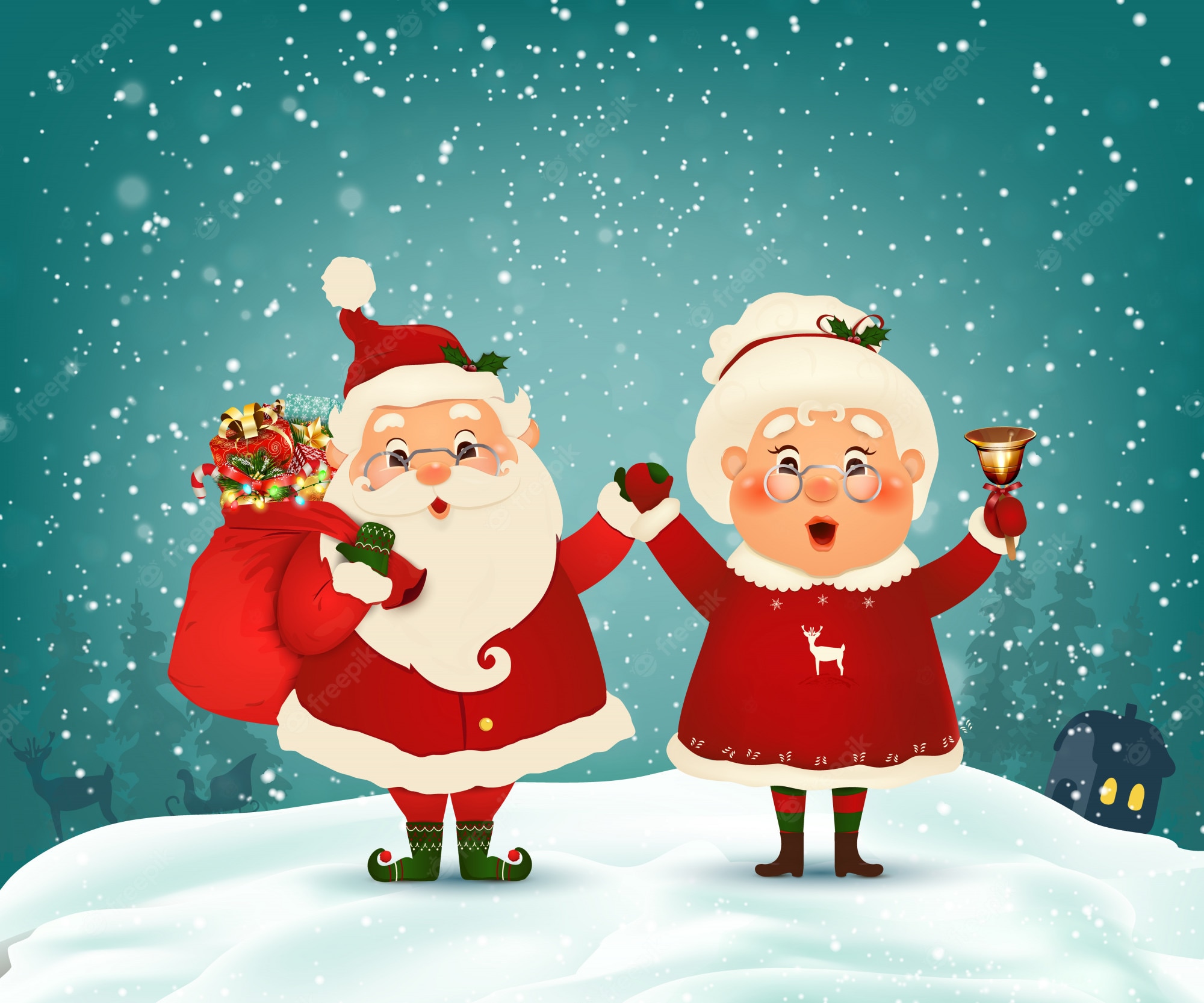 Premium Vector. Merry christmas with santa claus and mrs claus, snowy illustation