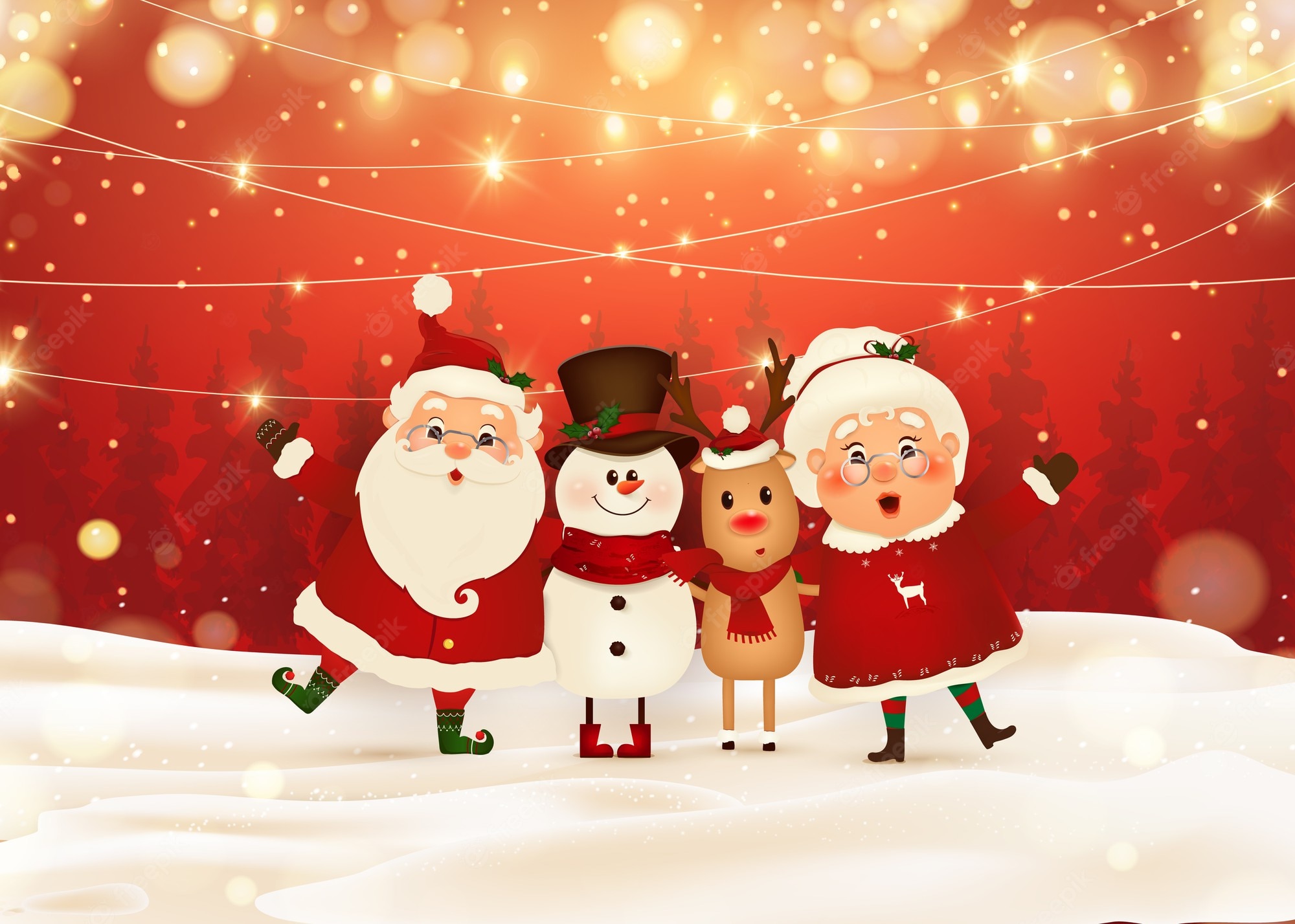 Premium Vector. Merry Christmas. Happy New Year. Funny Santa Claus With Mrs. Claus, Red Nosed Reindeer, Snowman In Christmas Snow Scene Winter Landscape. Mrs. Claus Together. Cartoon Character Of Santa Claus