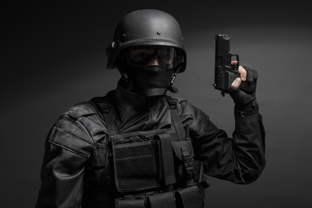 Spec Ops Police Officer SWAT In Black Uniform With Pistol. Poster Print By Oleg Zabielin Stocktrek Image # VARPSTZAB101234M