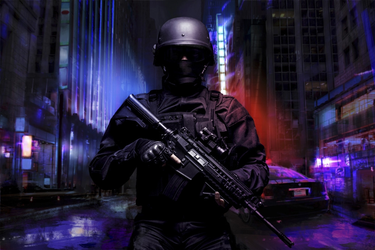 Spec Ops Police Officer SWAT In Black Uniform On The Street. Poster Print By Oleg Zabielin Stocktrek Image # VARPSTZAB101536M