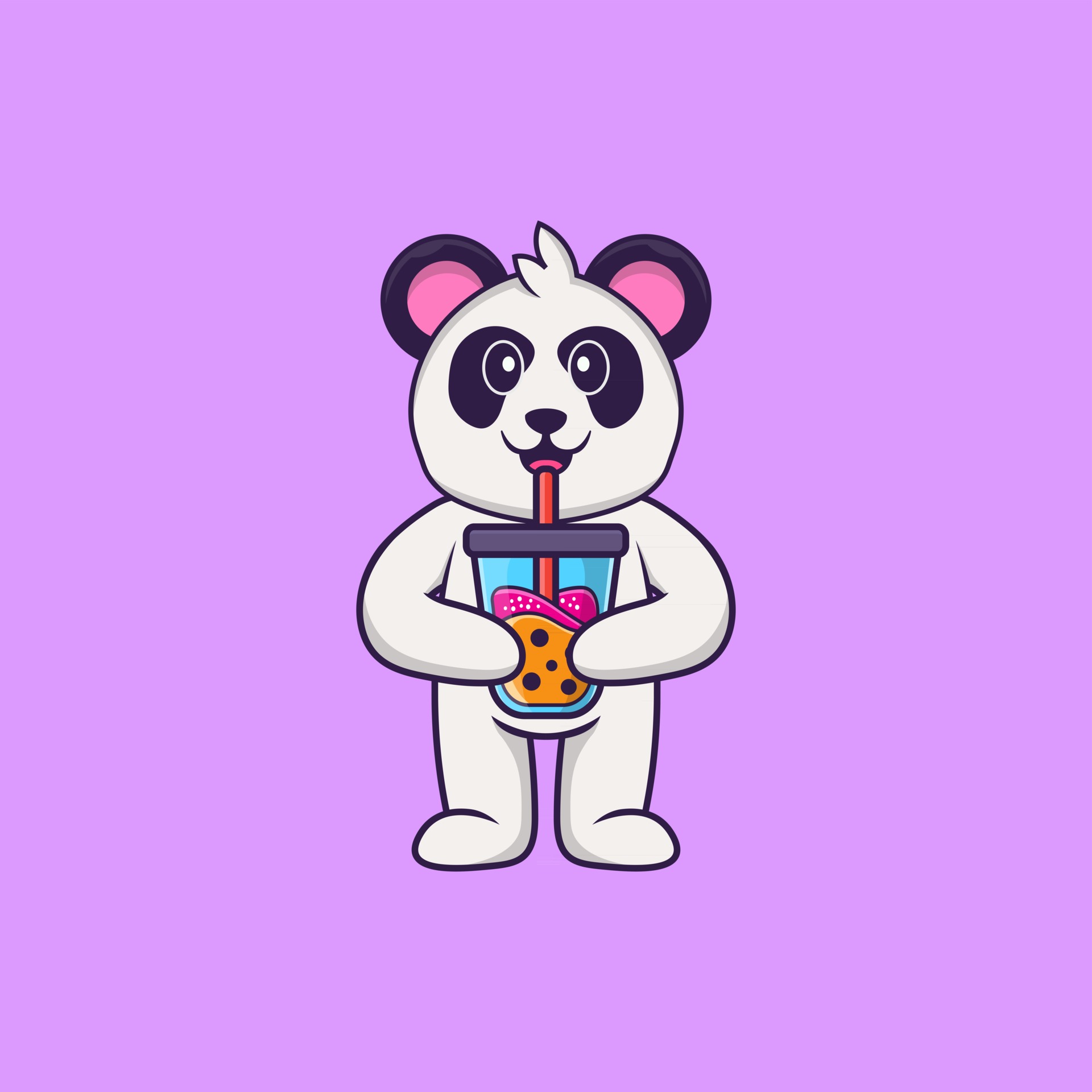 Cute Panda Drinking Boba Milk Tea. Animal Cartoon Concept Isolated. Can Used For T Shirt, Greeting Card, Invitation Card Or Mascot. Flat Cartoon Style