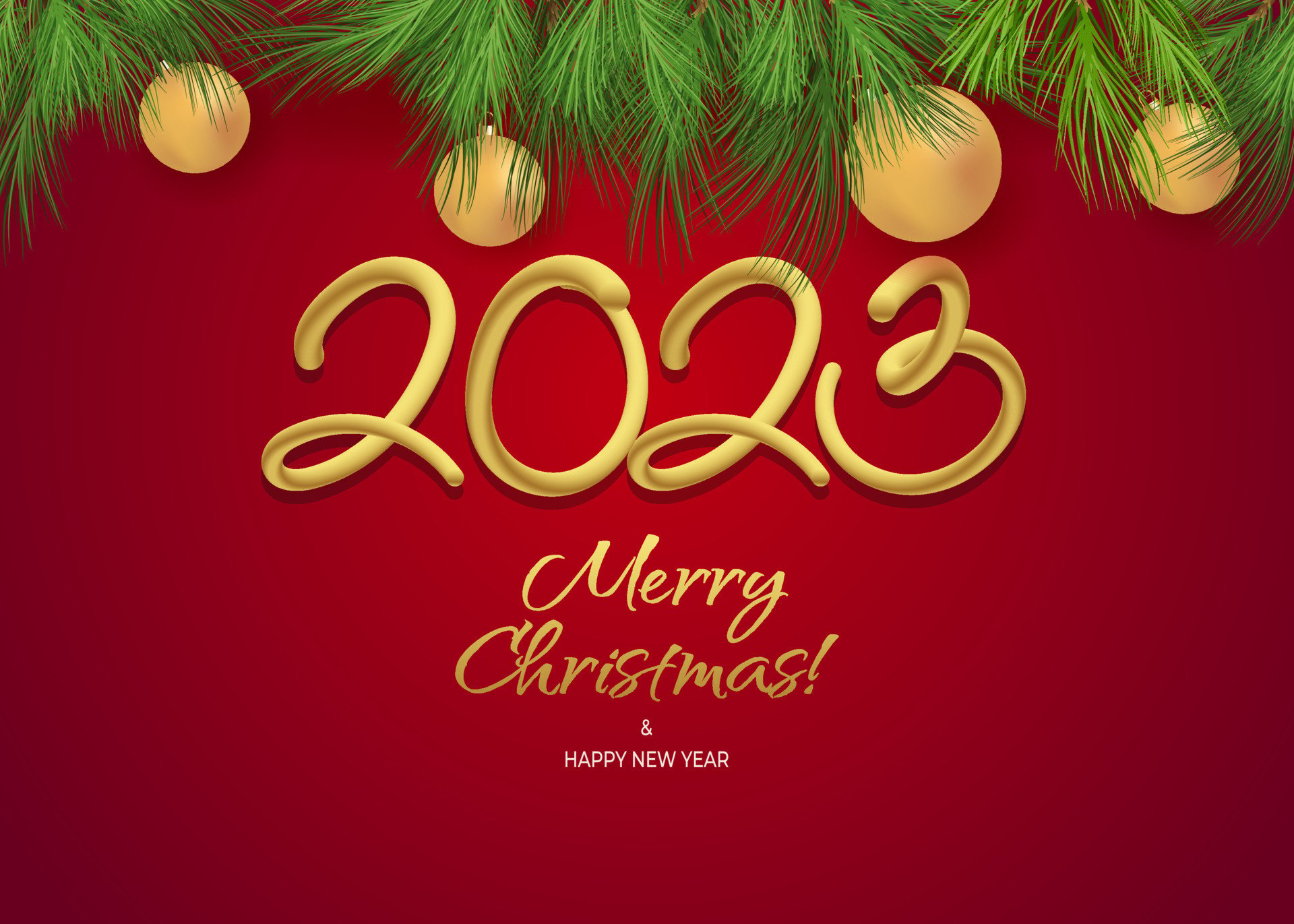 Happy new year 3D 2023 greeting wallpaper vector. Merry Christmas design greeting text with christmas decor elements such as a fir tree branch with balls on a red background with luxury