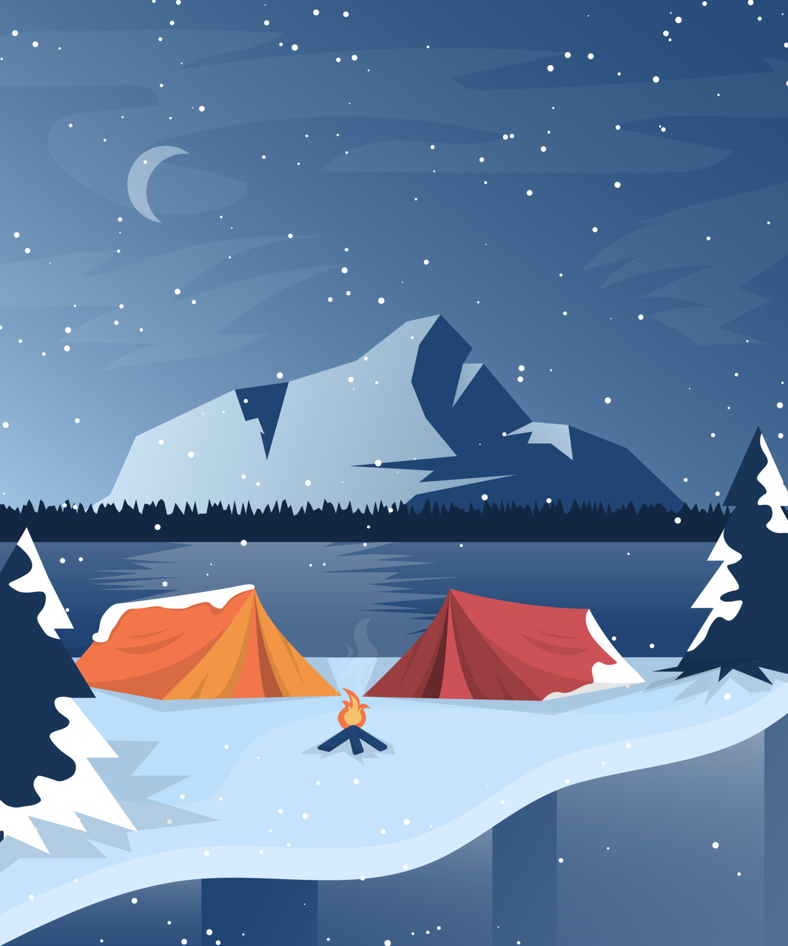 Flat portrait landscape of camping in winter wallpaper