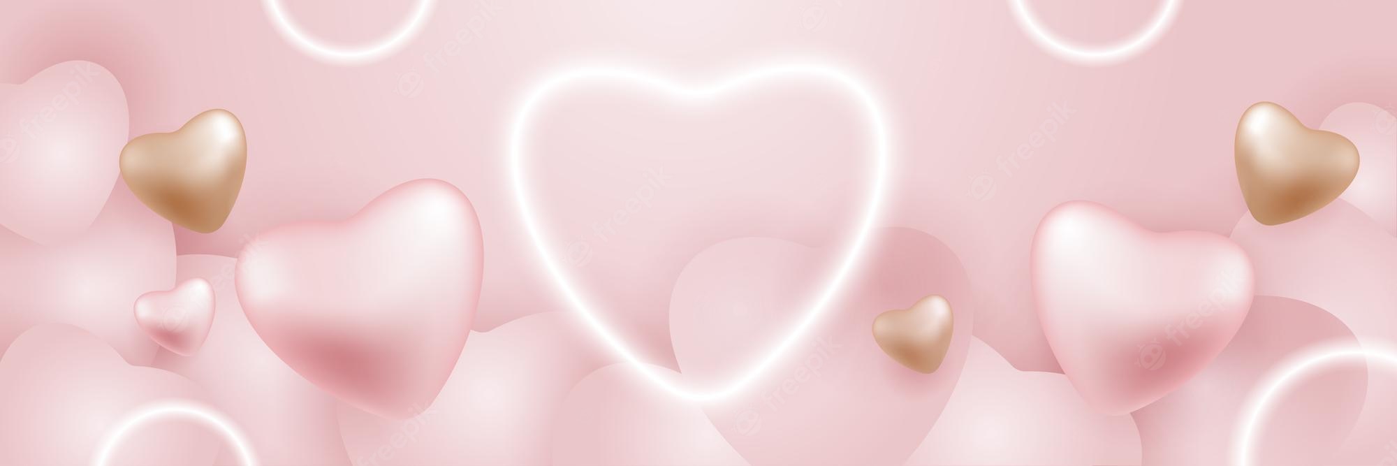 Premium Vector. Pink background with clouds 3D hearts and heart shaped aura