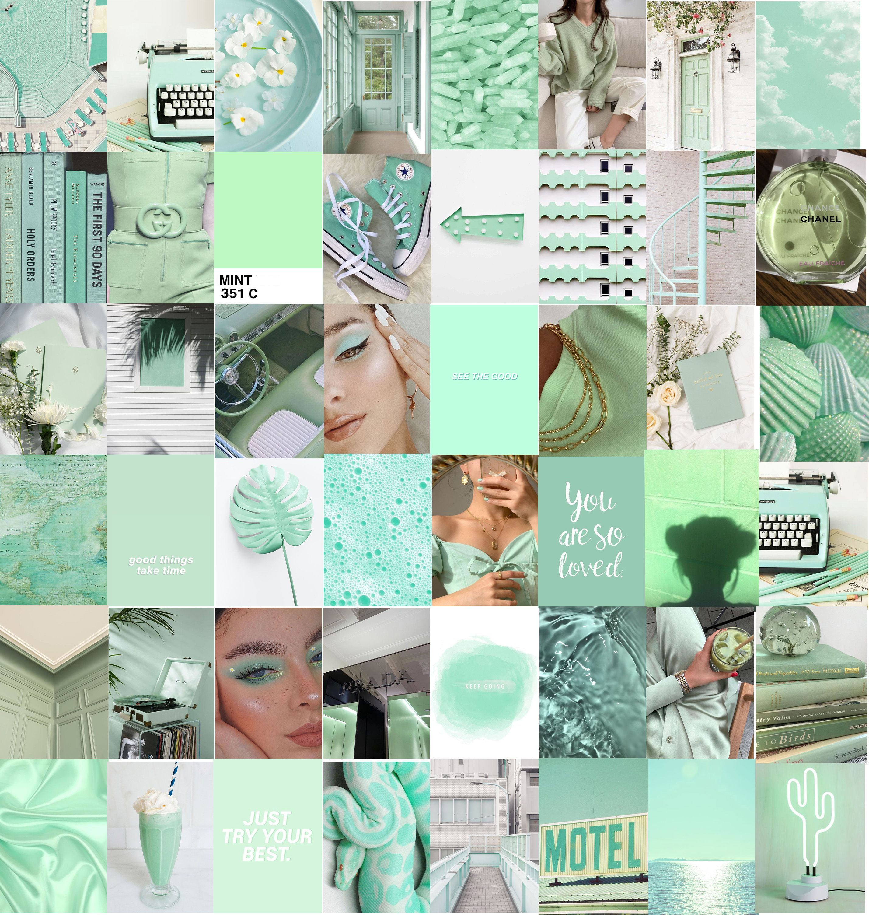 Green Aesthetic Boujee Wall Collage Kit Room Dorm Decor 50pcs. Wall collage, Color collage, Mint green wallpaper iphone