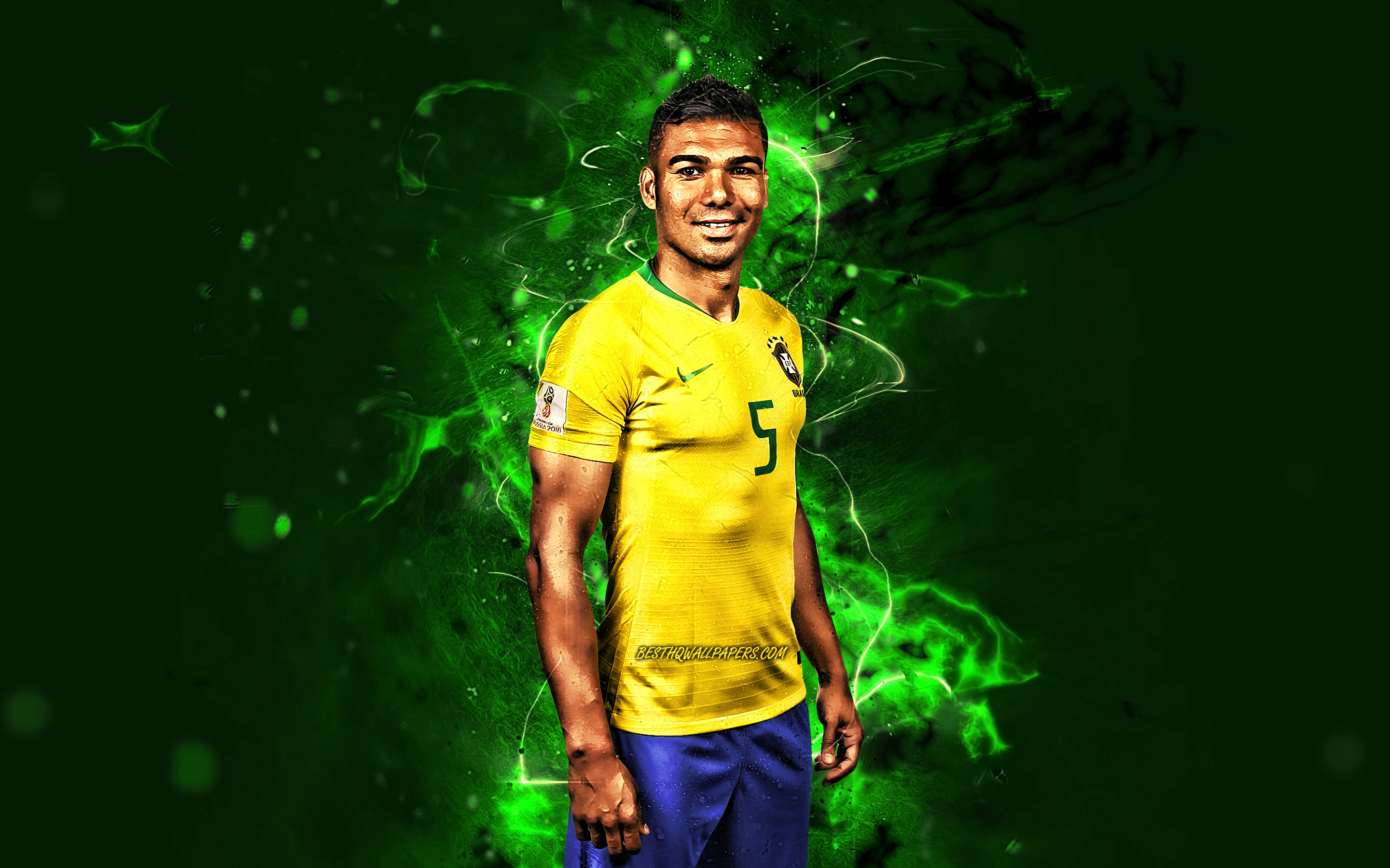 Download wallpaper Casemiro, midfielder, Brazil National Team, abstract art, Carlos Henrique Casemiro, soccer, footballers, neon lights, football stars, Brazilian football team for desktop with resolution 2880x1800. High Quality HD picture wallpaper