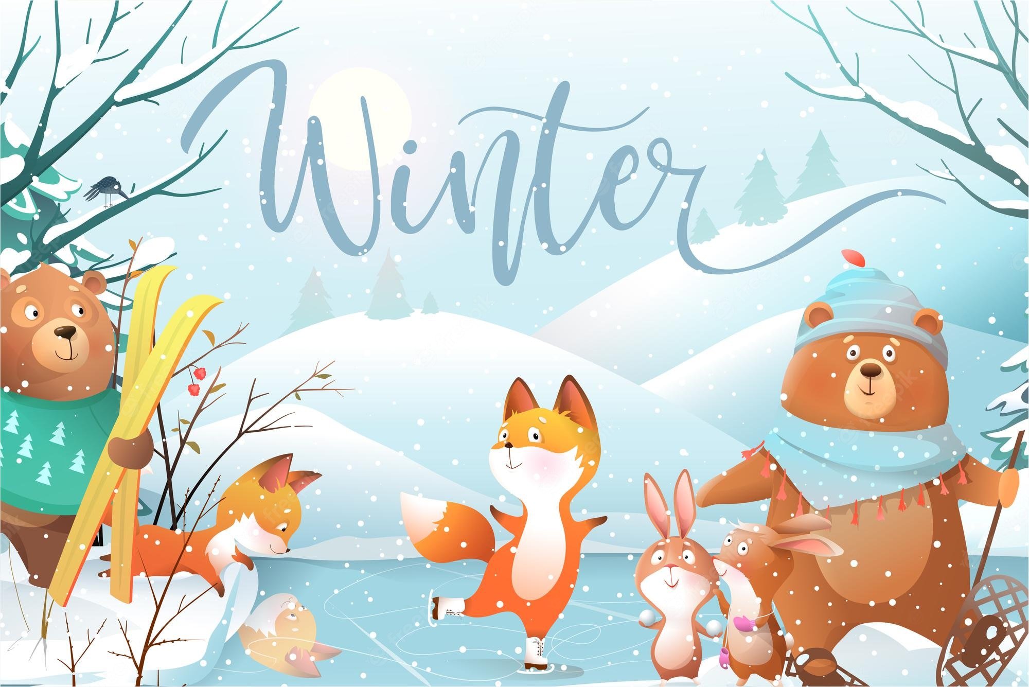 Premium Vector. Winter landscape with kids animals playing skiing and skating on ice merry christmas and happy new year cute cartoon characters in frozen forest wallpaper or invitation vector design