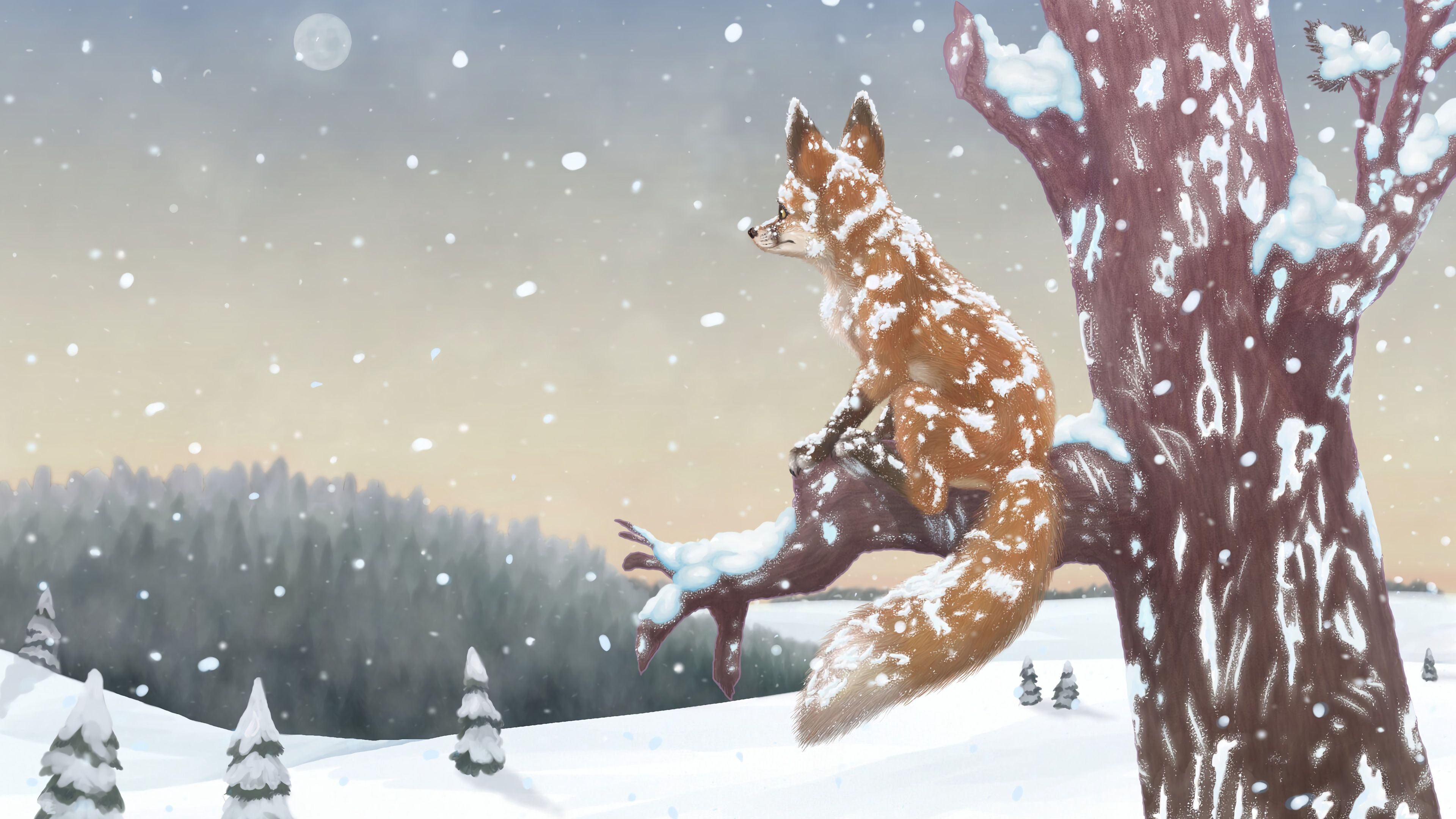 Download wallpaper 3840x2160 fox, tree, snow, winter, art 4k uhd 16:9 HD background