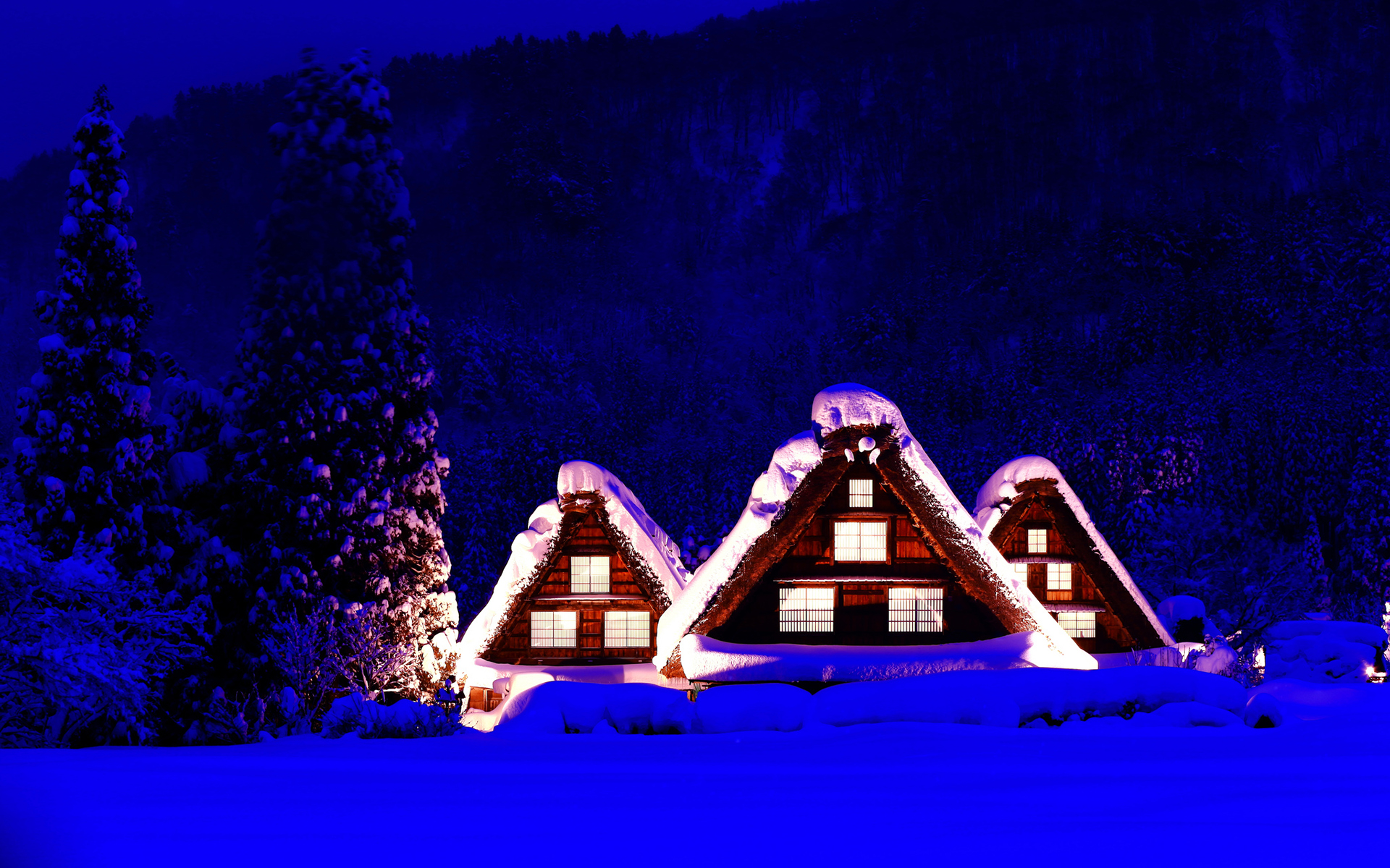 Houses cabin landscapes winter snow christmas wallpaperx1200