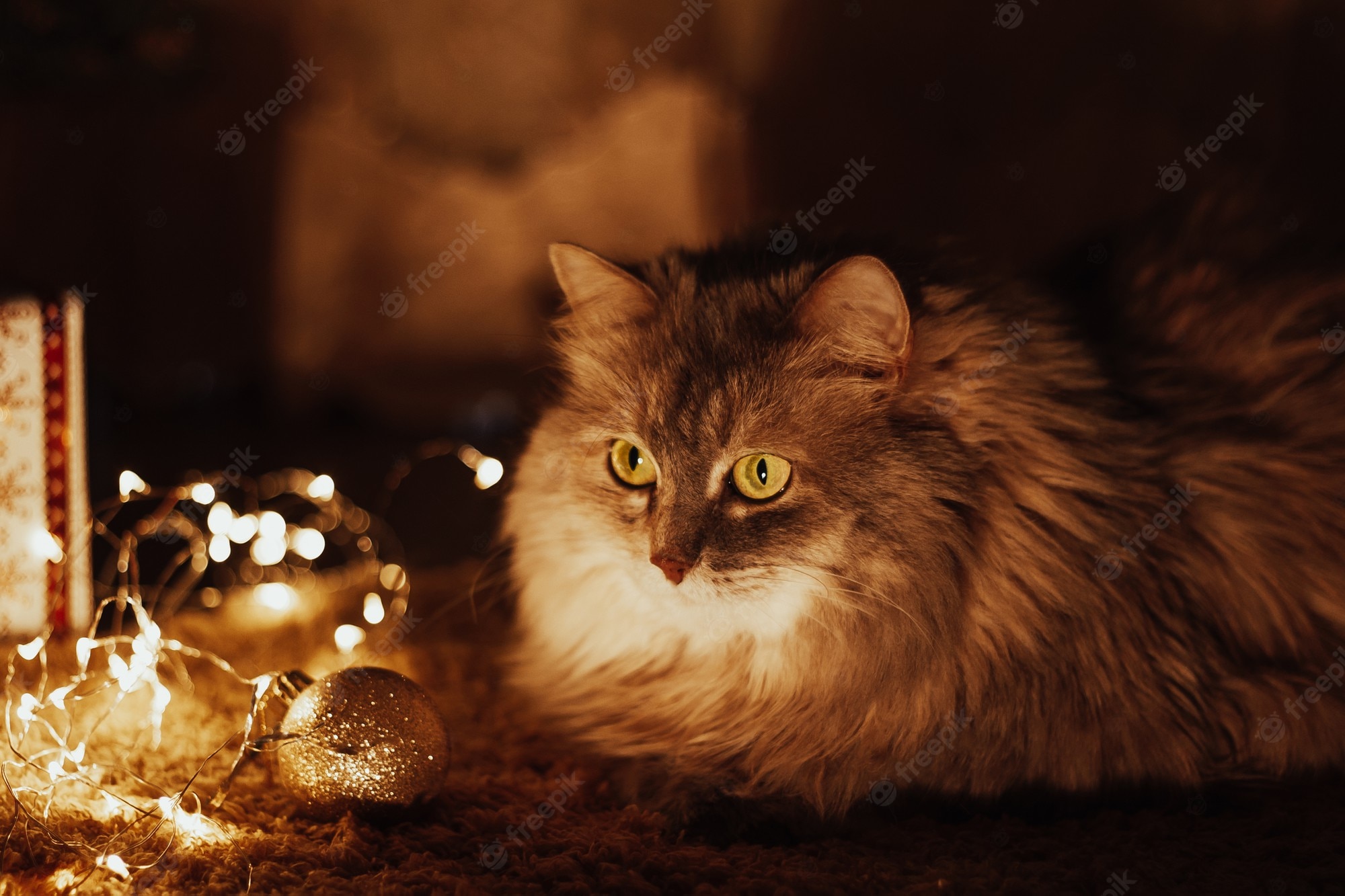 Premium Photo. Orange cat on the floor. the cat is lying on a fluffy carpet. warm cozy winter evening