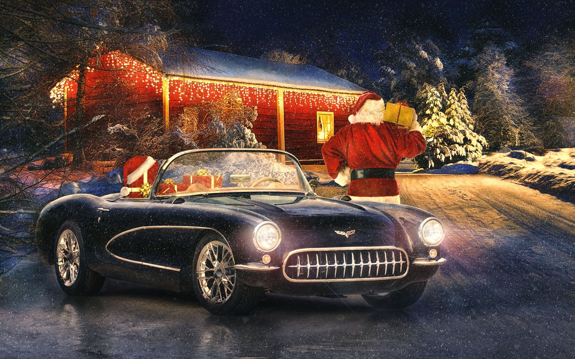 Wallpaper Corvette classic car, winter, snow, lights, New Year, Christmas 1920x1200 HD Picture, Image