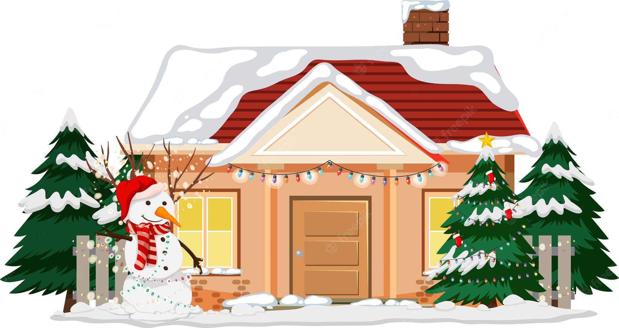 Free Vector. Snow covered house with christmas light string