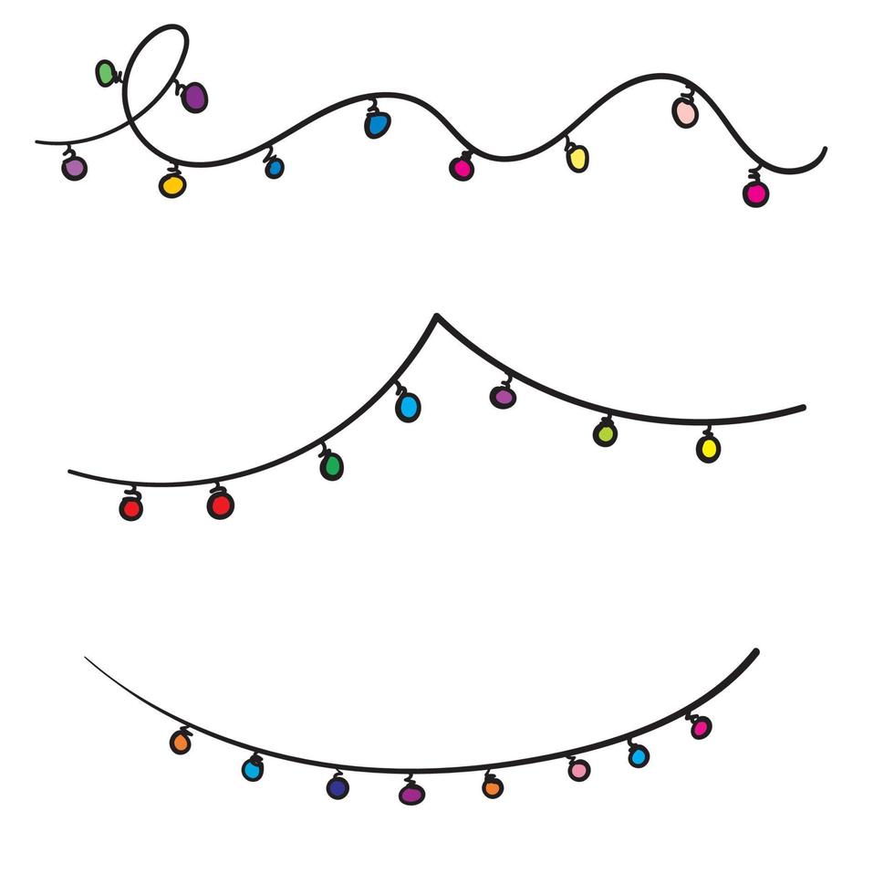 Doodle Christmas lights. Holiday festive xmas decoration. Colorful string fairy light set. Lightbulb glowing garland. Rainbow color. hand drawn design. White background. Isolated Vector