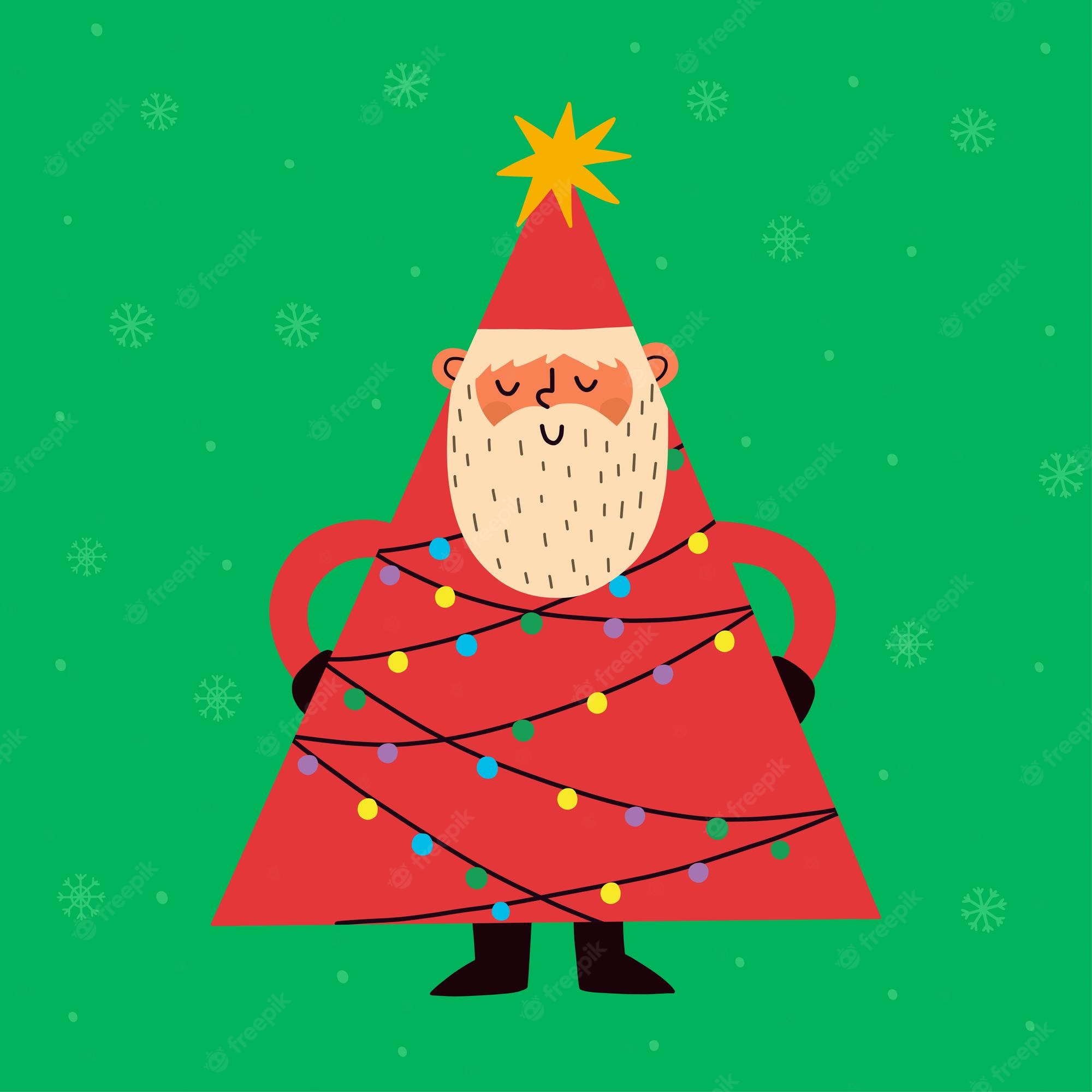Premium Vector. Funny santa claus in the shape of a christmas tree with christmas lights and star. cartoon style