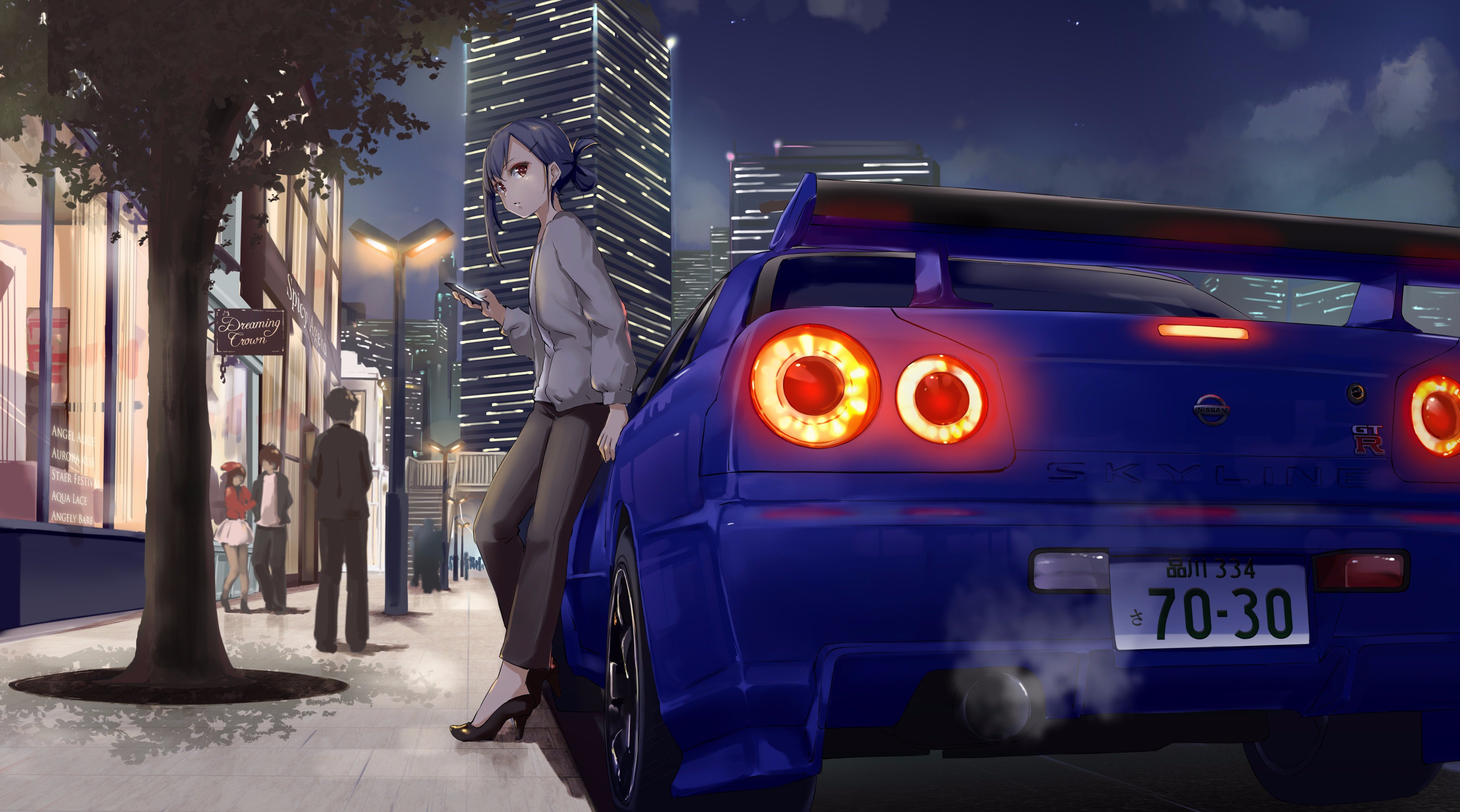 4K, exhaust pipes, cell phone, Nissan GTR, car, engine exhaust, anime, Import Tuner, anime girls, Tuner Car Gallery HD Wallpaper