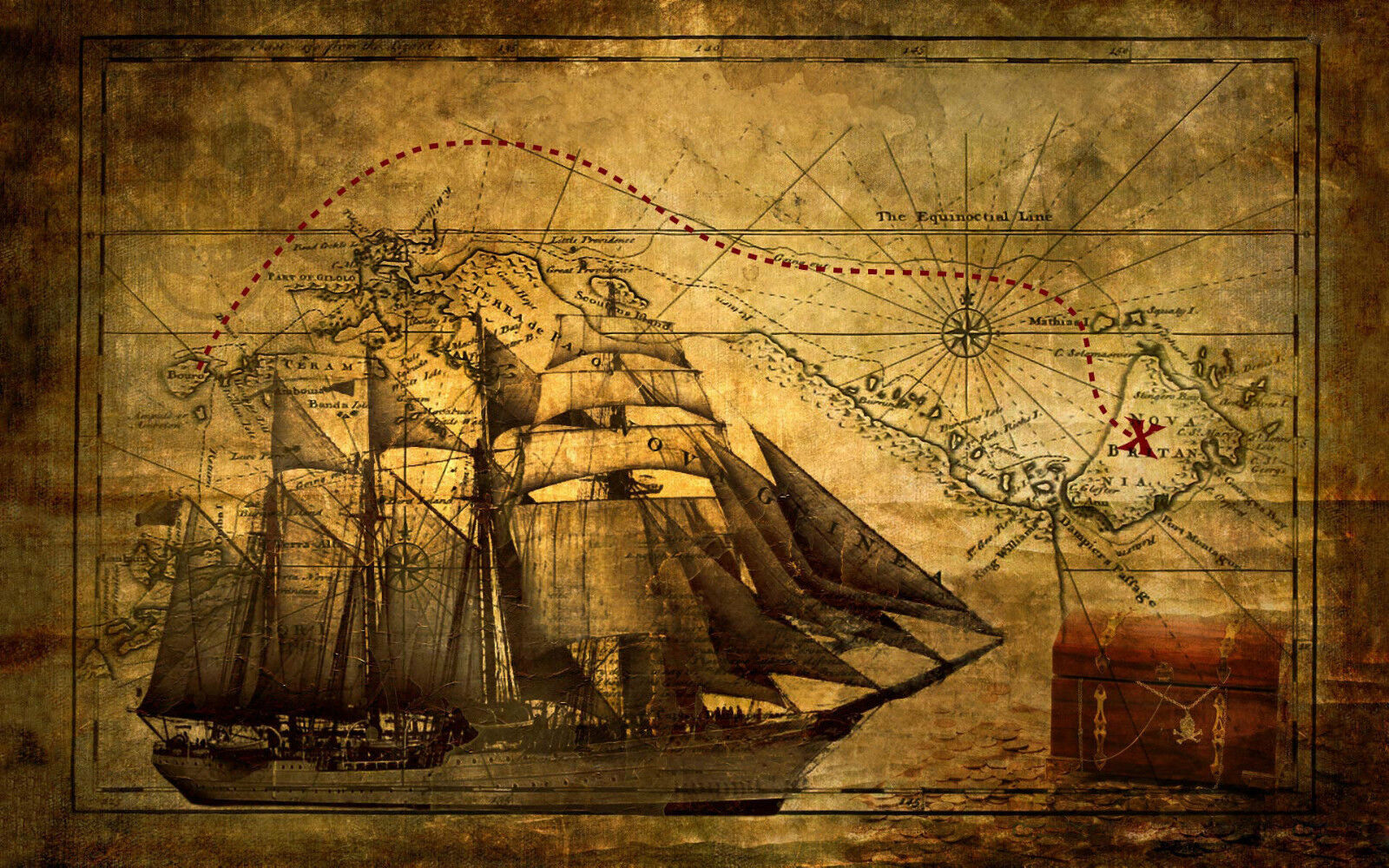 A3 Poster Pirate Ship with Treasure Map (Picture High Seas Ocean Art)