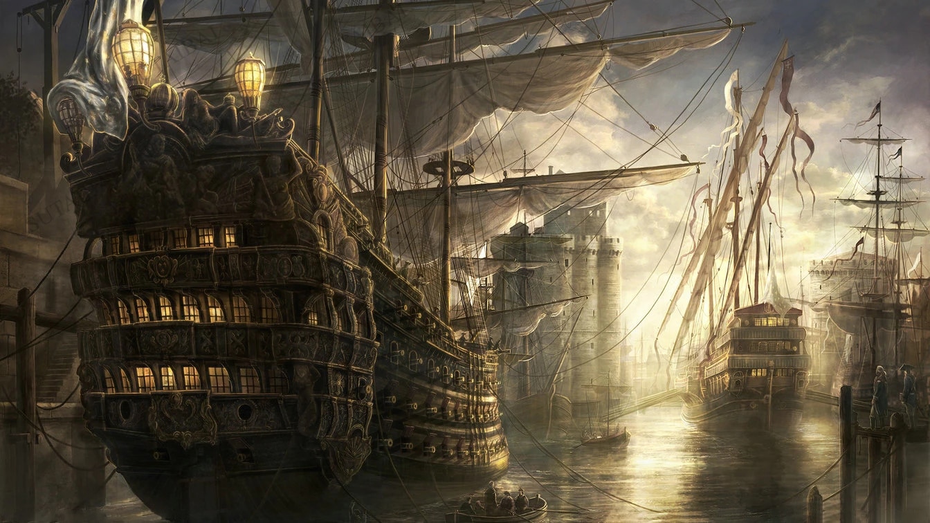 Pirate Ship Light Sea Ocean Castle Photography Background Vintage Boat Poster Wallpaper High Quality Computer Print Backdrop. Background