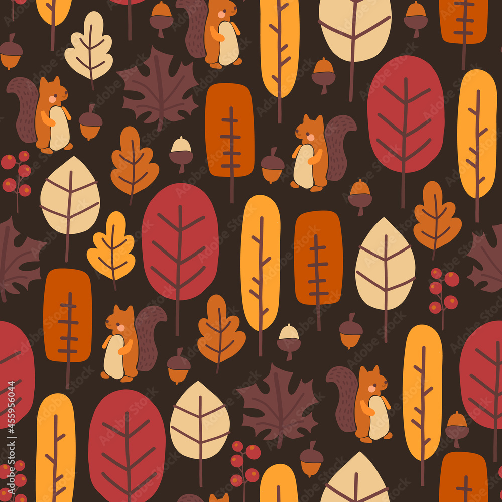 Autumn nature seamless vector pattern cute autumn forest, squirrel, leaves, trees, nuts, acorns. Thanksgiving fall background for wallpaper, packaging, textiles. Autumn Holidays kids illustration. Stock Vector