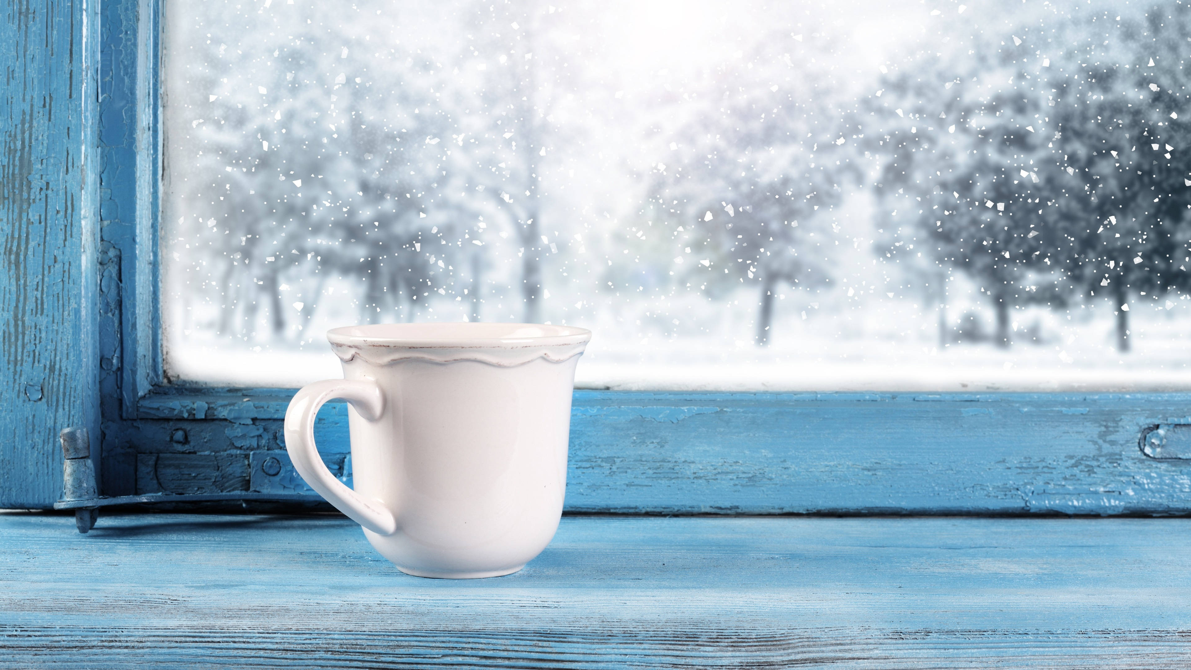 Download White Cup Near Windows Winter Wallpaper