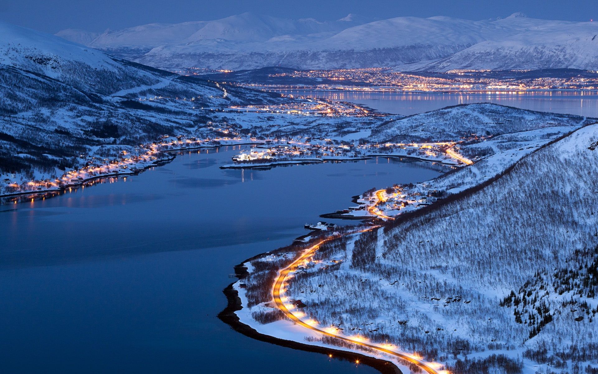City lights of Tromso, Norway, winter night, mountain with snow cap #City #Lights #Tromso #Norway #Winter #N. Winter wallpaper hd, Norway wallpaper, Tromso norway