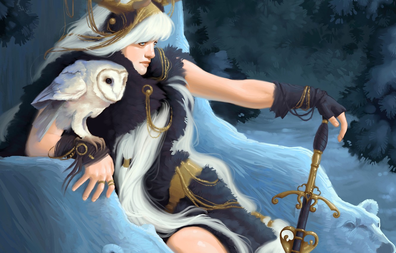 Wallpaper winter, forest, girl, snow, owl, sword, bears, Art image for desktop, section фантастика