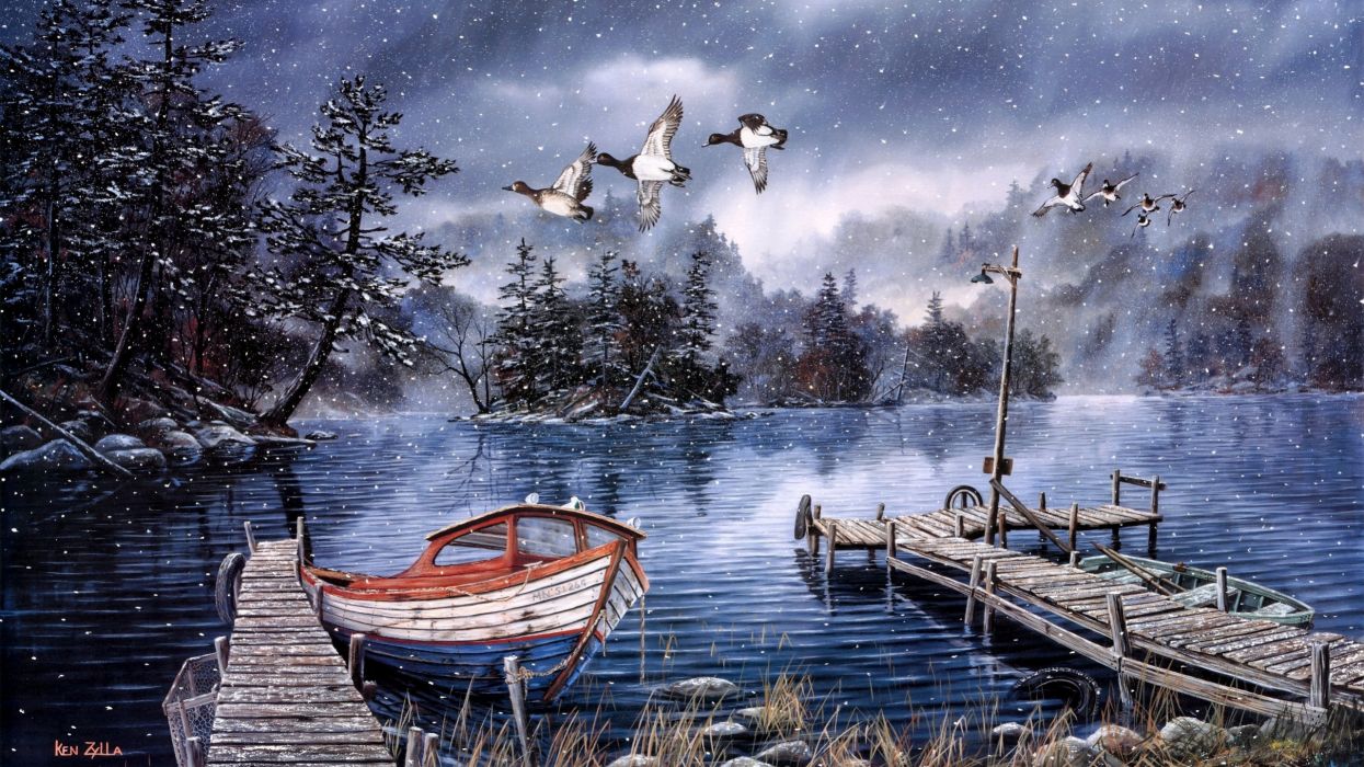 Winter snow rustic duck ducks birds lakes trees boat boats country art print painting wallpaperx1440