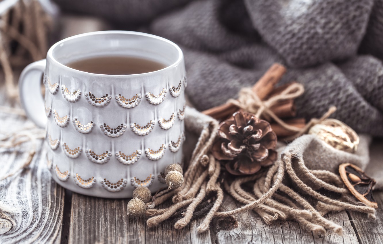 Wallpaper winter, decoration, tea, scarf, Christmas, mug, New year, new year, Christmas, vintage, winter, cup, bokeh, tea, decoration, cozy image for desktop, section новый год
