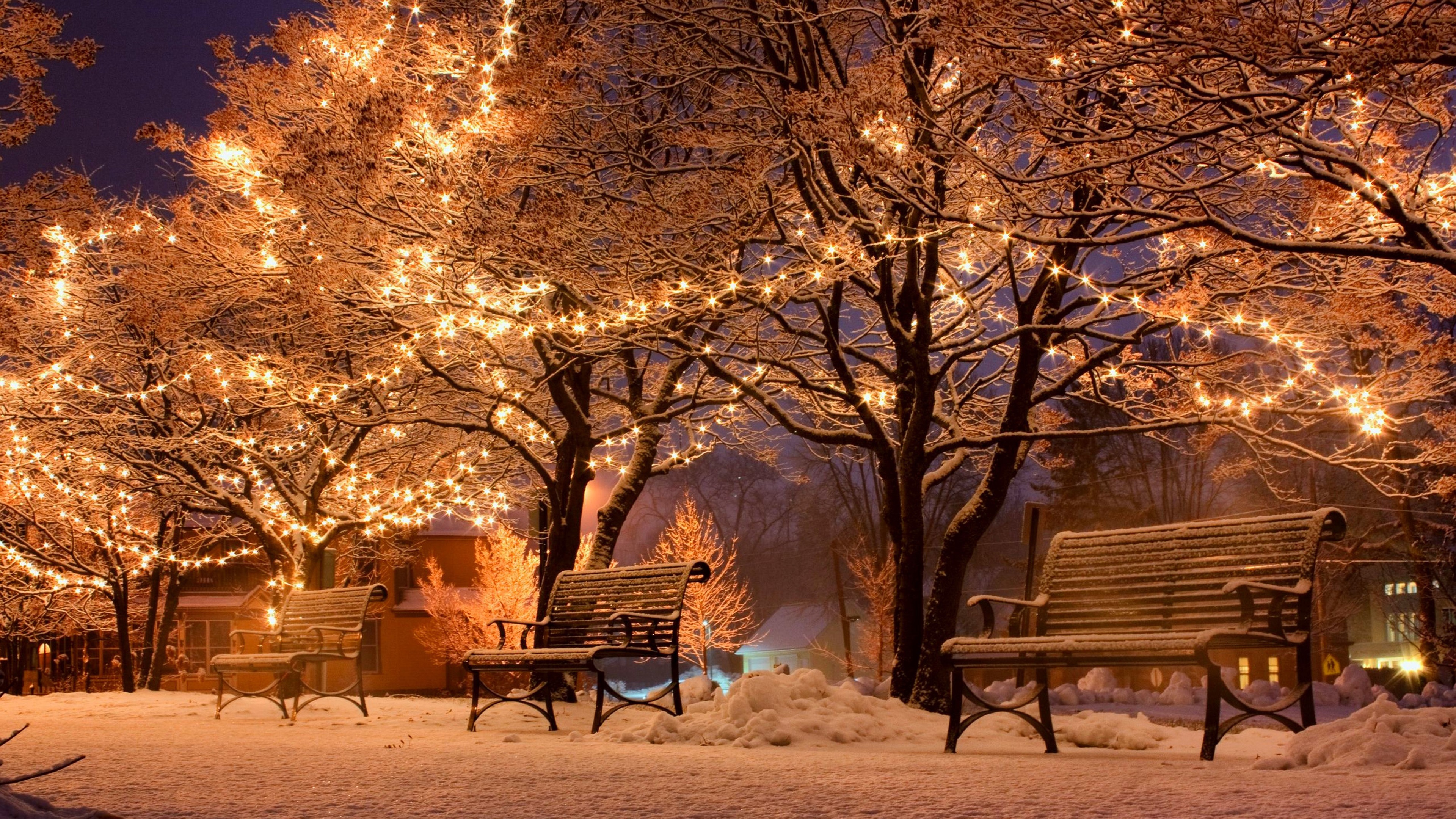 Wallpaper Winter, night, snow, benches, trees, street, holiday lights 3840x2160 UHD 4K Picture, Image
