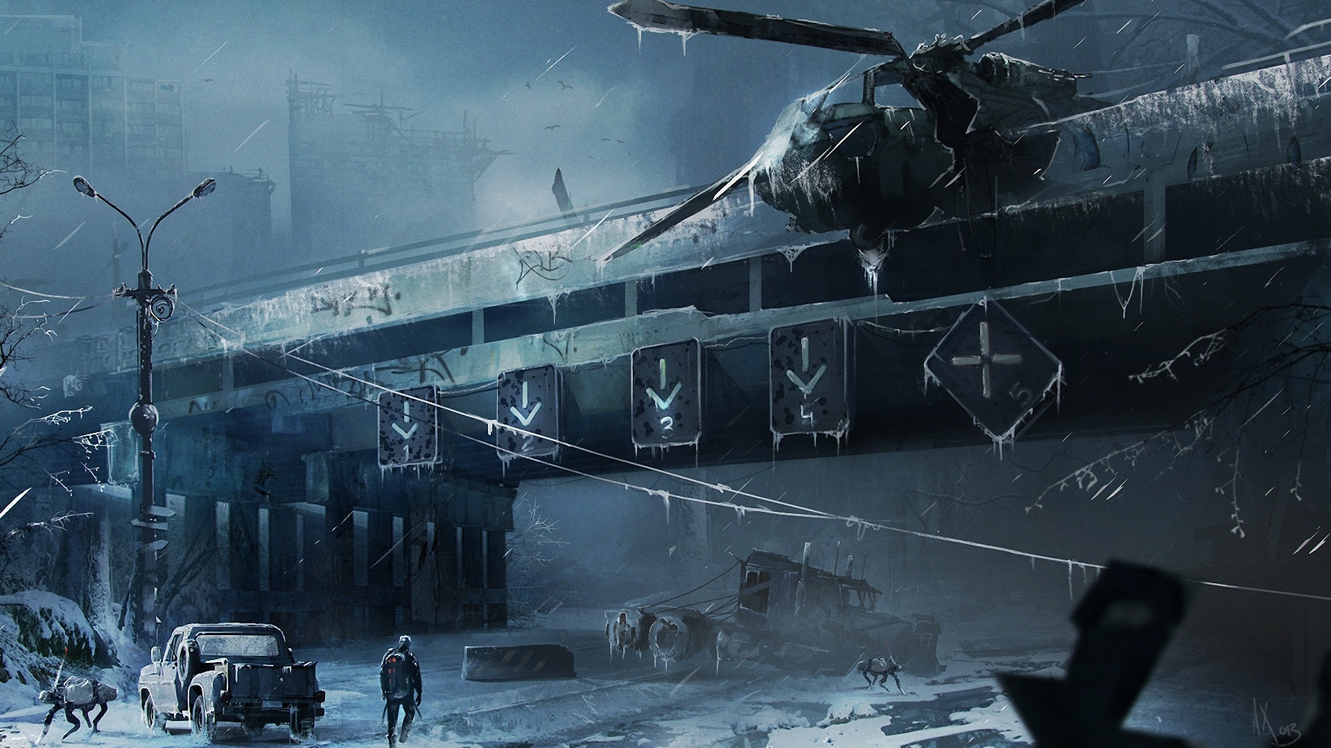 Image helicopter robots Winter bridge Fantasy Aviation 1920x1080
