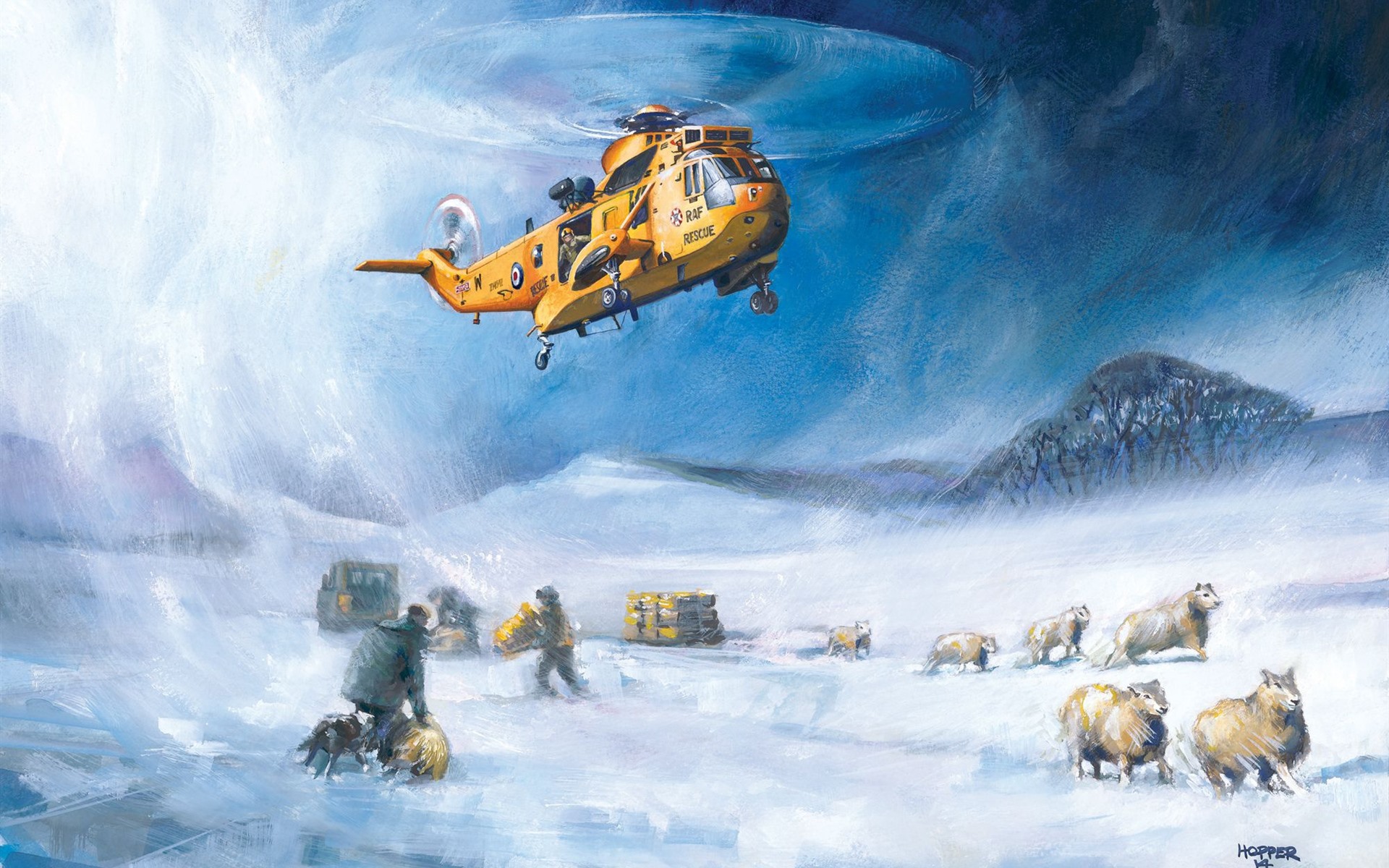 Wallpaper Art painting, helicopter, rescuers, sheep, snow, winter 1920x1200 HD Picture, Image