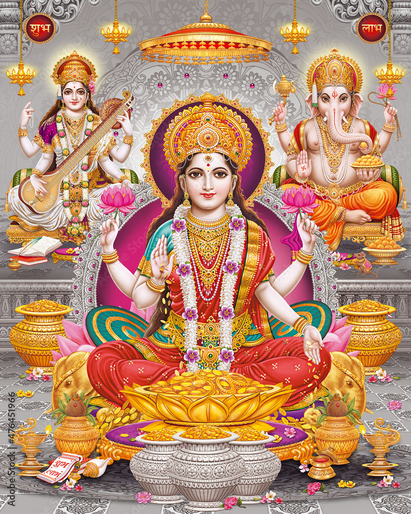 Lord Laxmi, Lord Ganesha, Lord Saraswati with colorful background wallpaper, Diwali Pooja poster design for wallpaper Stock Illustration